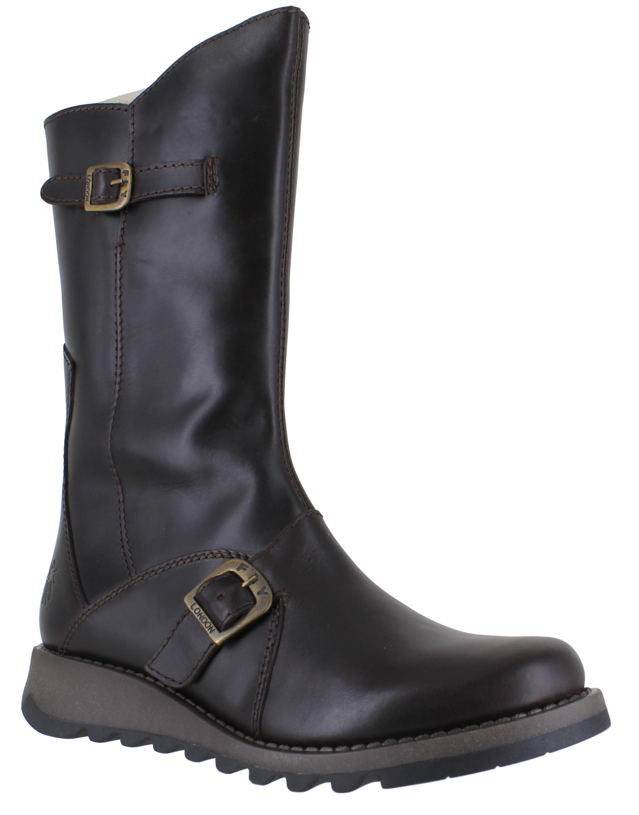 Womens Fly London Mes 2 Wedge Heel Leather Buckle Mid-Calf Boots Sizes ...