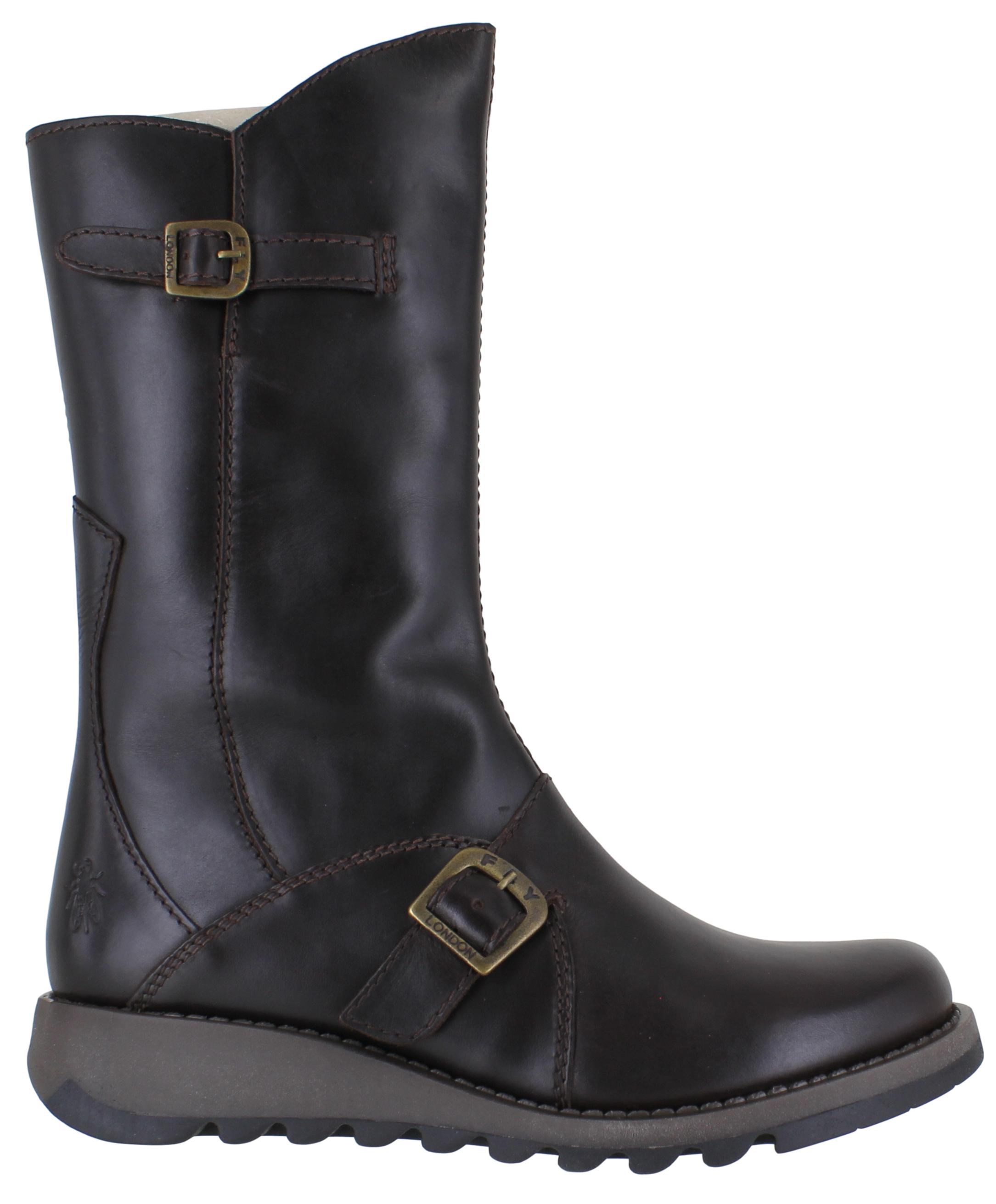 Womens Fly London Mes 2 Wedge Heel Leather Buckle Mid-Calf Boots Sizes ...