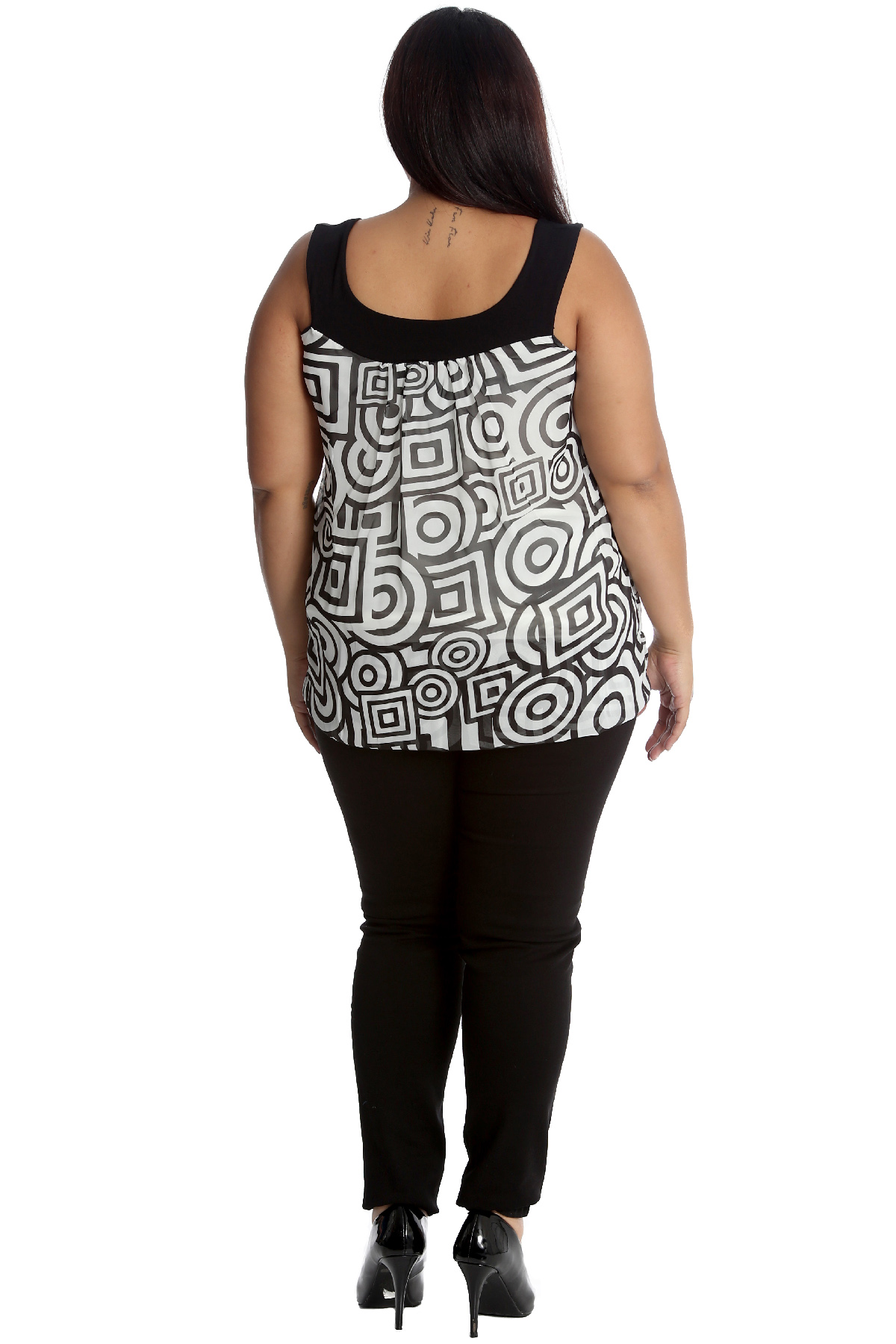 New Womens Plus Size Blouse Ladies Top Abstract Square Print Chiffon Tunic Frill