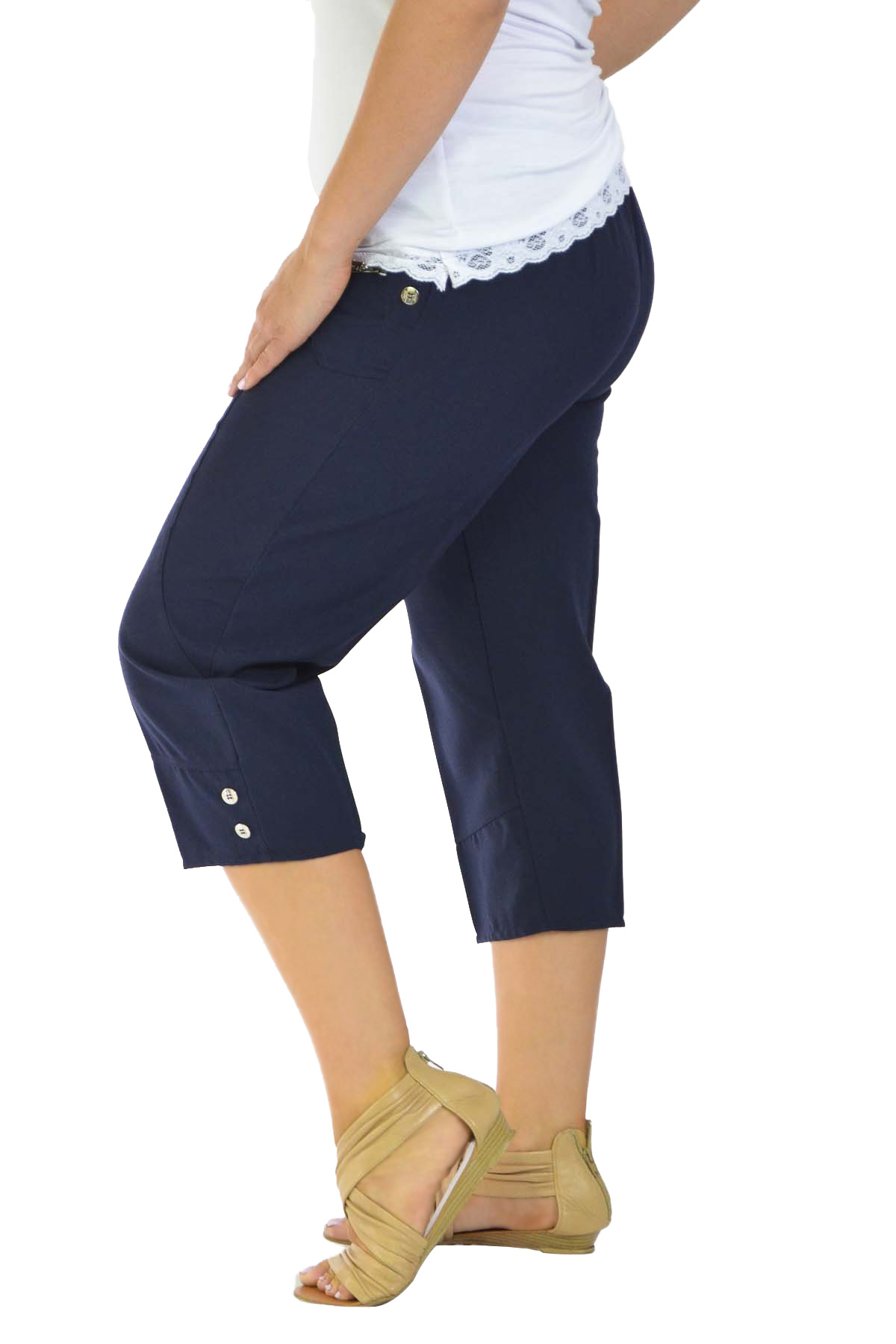 New Womens Plus Size Trousers Cropped Pants Elasticated Waist Capri