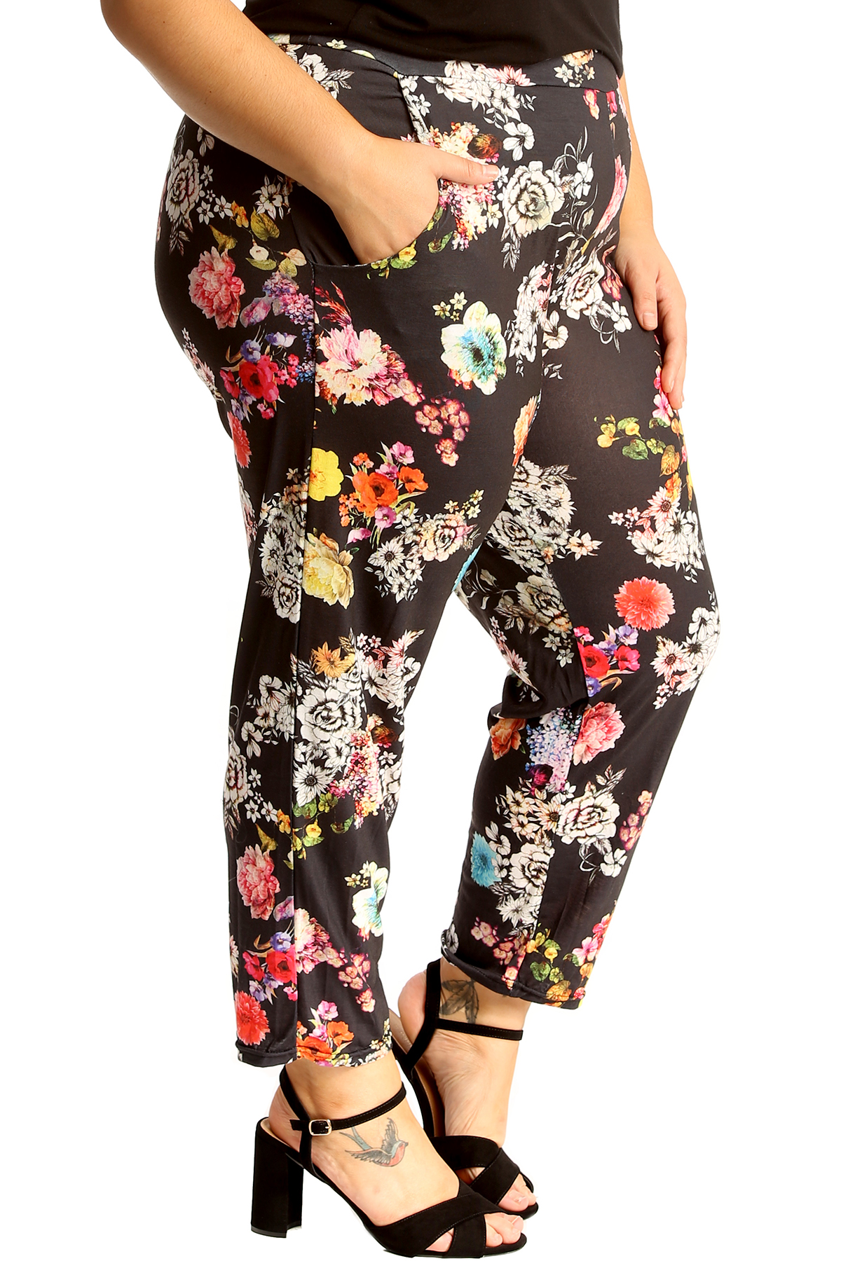 New Ladies Plus Size Floral Print Ankle Length Pocket Leggings 8-26