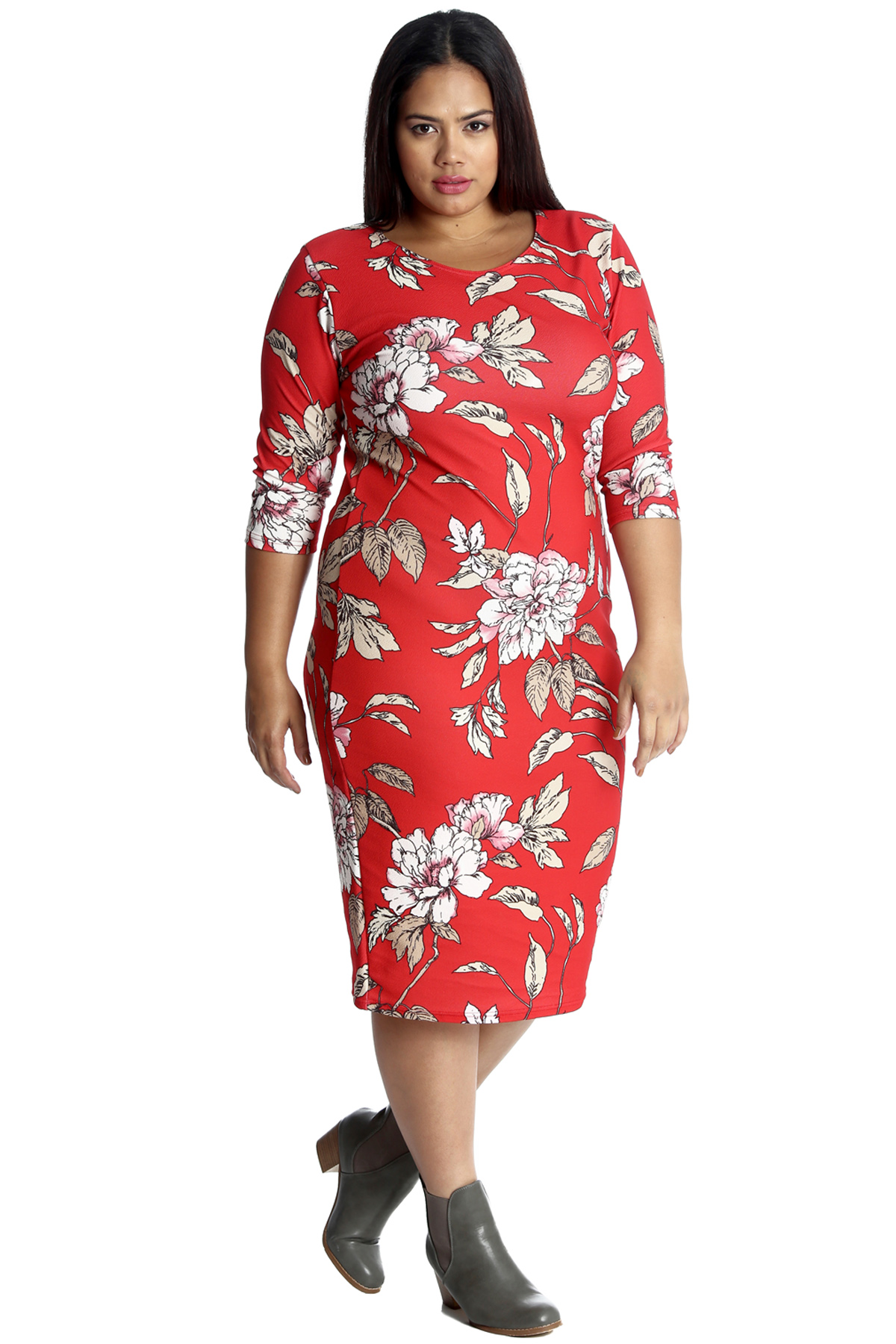 New Womens Dress Plus Size Ladies Leaf Floral Print Mid Length Bodycon