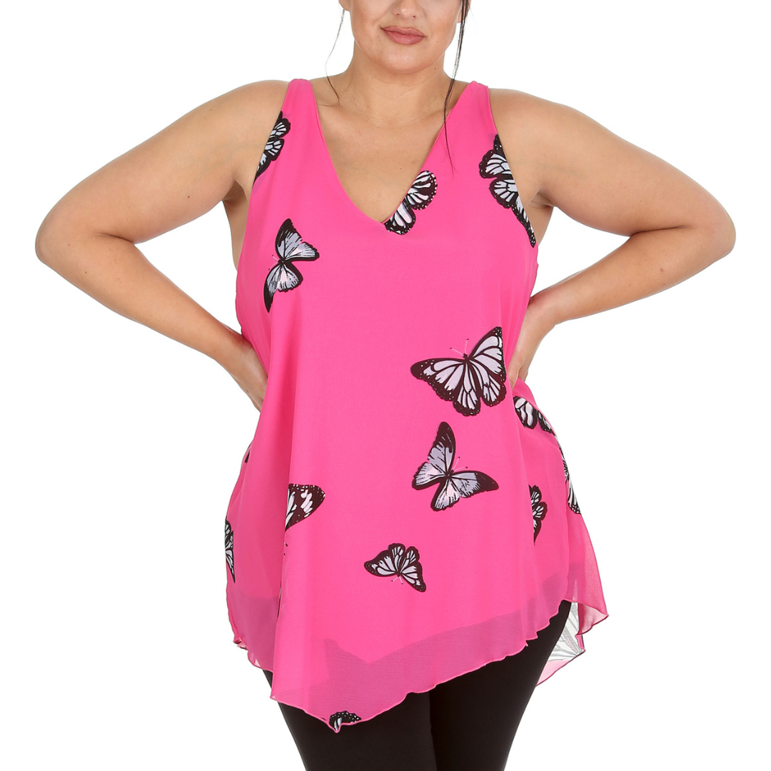 Nouvelle Womens Plus Size Ladies Butterfly Print Chiffon Dip Hem Camisole Vest - Picture 8 of 32