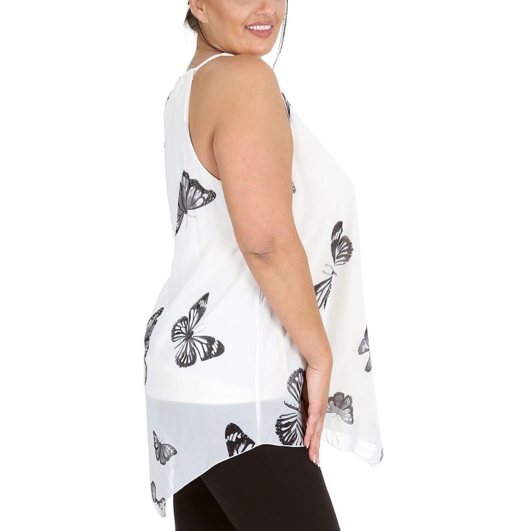 Nouvelle Womens Plus Size Ladies Butterfly Print Chiffon Dip Hem Camisole Vest - Picture 15 of 32