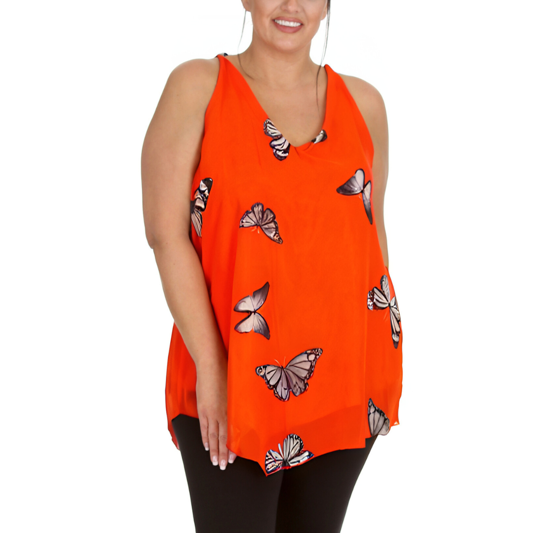 Nouvelle Womens Plus Size Ladies Butterfly Print Chiffon Dip Hem Camisole Vest - Picture 32 of 32