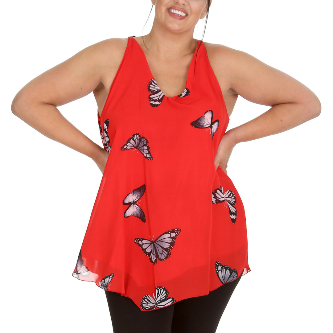 Nouvelle Womens Plus Size Ladies Butterfly Print Chiffon Dip Hem Camisole Vest - Picture 11 of 32