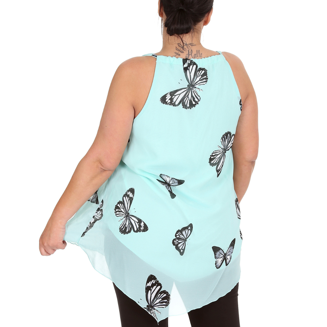 Nouvelle Womens Plus Size Ladies Butterfly Print Chiffon Dip Hem Camisole Vest - Picture 28 of 32