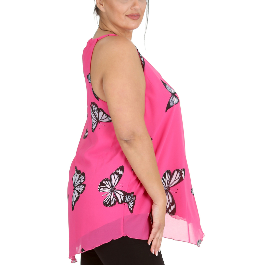 Nouvelle Womens Plus Size Ladies Butterfly Print Chiffon Dip Hem Camisole Vest - Picture 9 of 32