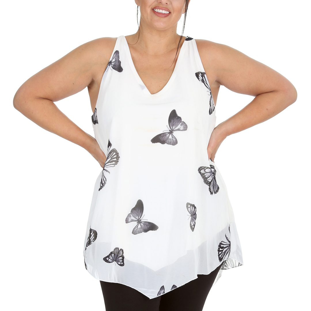 Nouvelle Womens Plus Size Ladies Butterfly Print Chiffon Dip Hem Camisole Vest - Picture 14 of 32