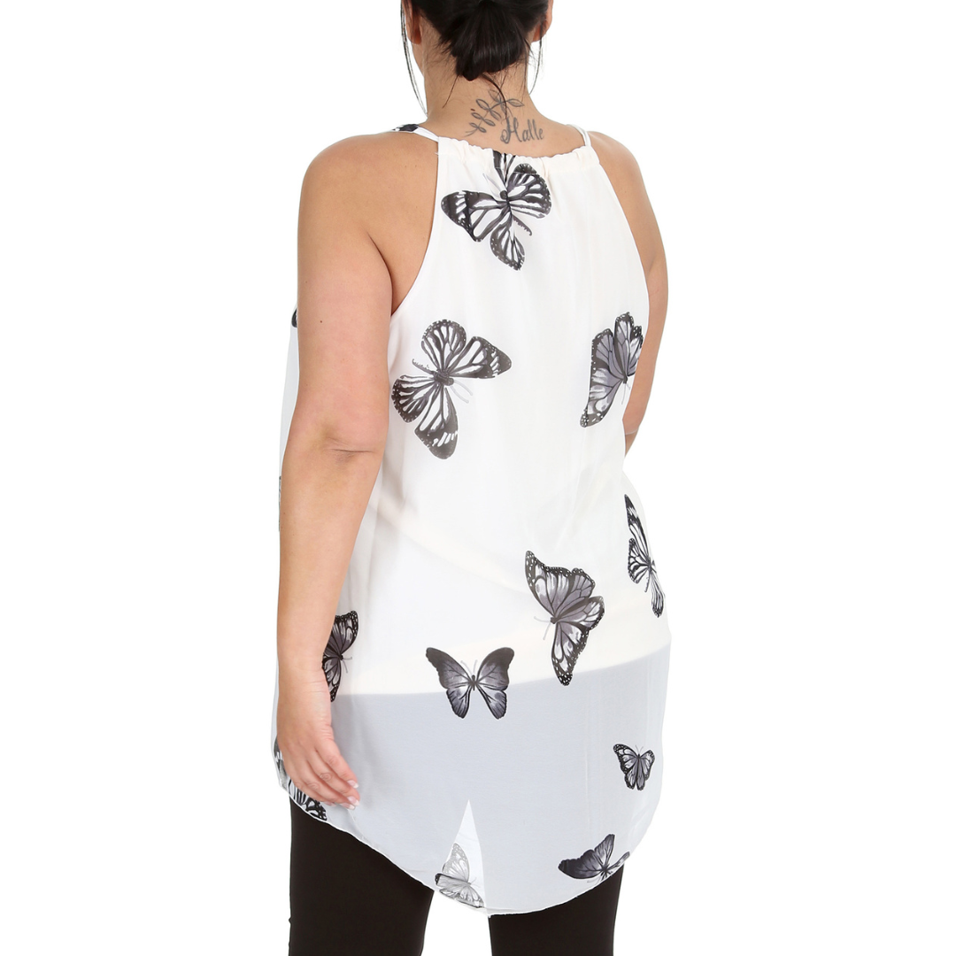 Nouvelle Womens Plus Size Ladies Butterfly Print Chiffon Dip Hem Camisole Vest - Picture 16 of 32