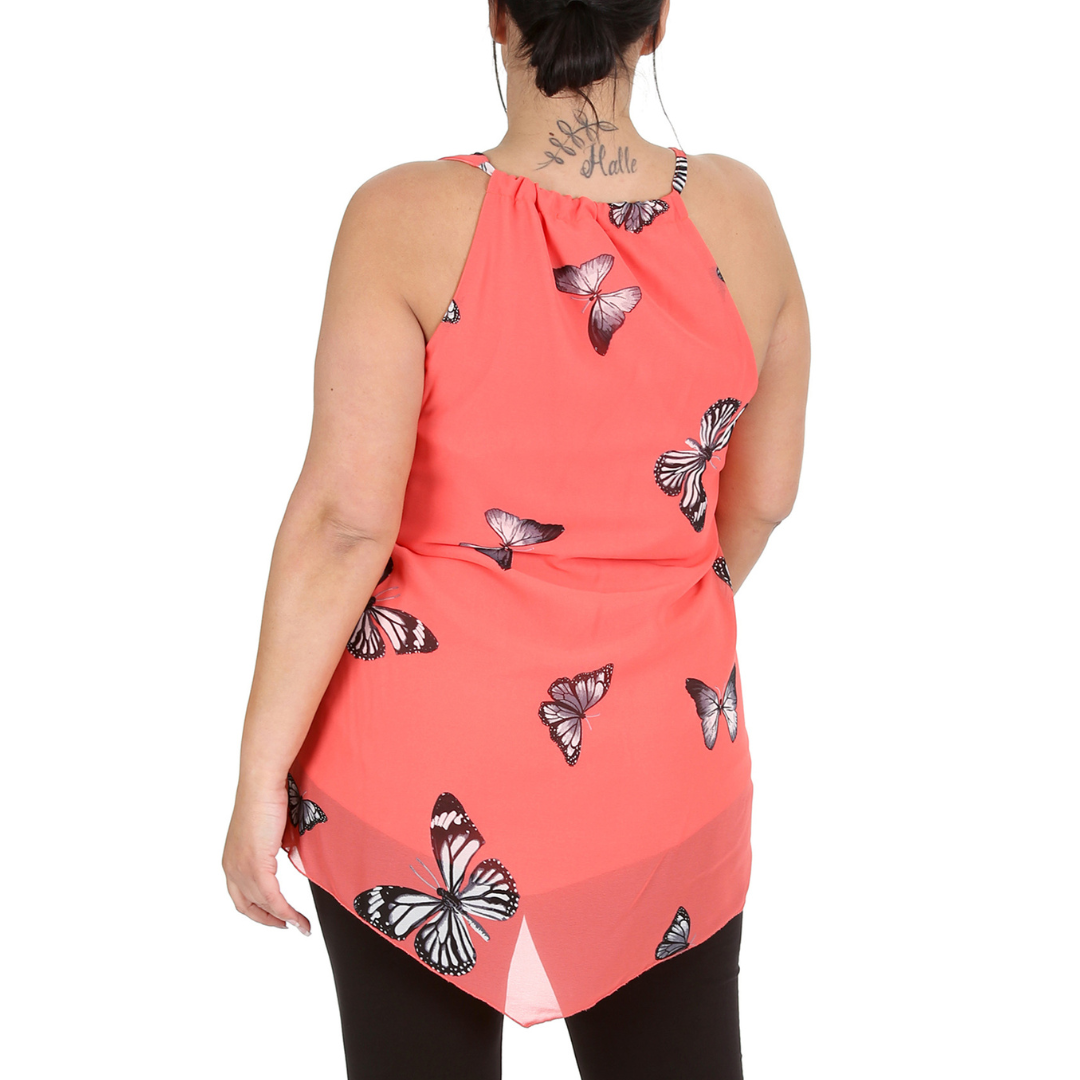 Nouvelle Womens Plus Size Ladies Butterfly Print Chiffon Dip Hem Camisole Vest - Picture 18 of 32