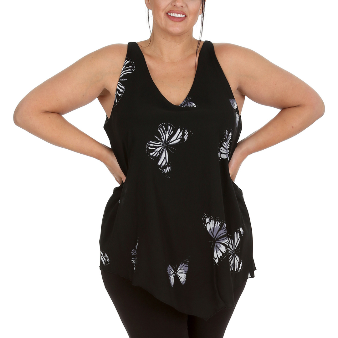 Nouvelle Womens Plus Size Ladies Butterfly Print Chiffon Dip Hem Camisole Vest - Picture 5 of 32