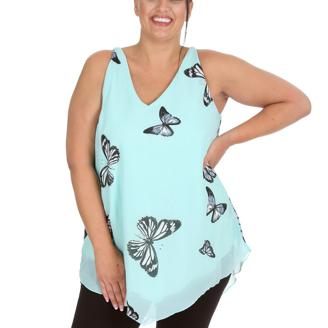 Nouvelle Womens Plus Size Ladies Butterfly Print Chiffon Dip Hem Camisole Vest - Picture 26 of 32