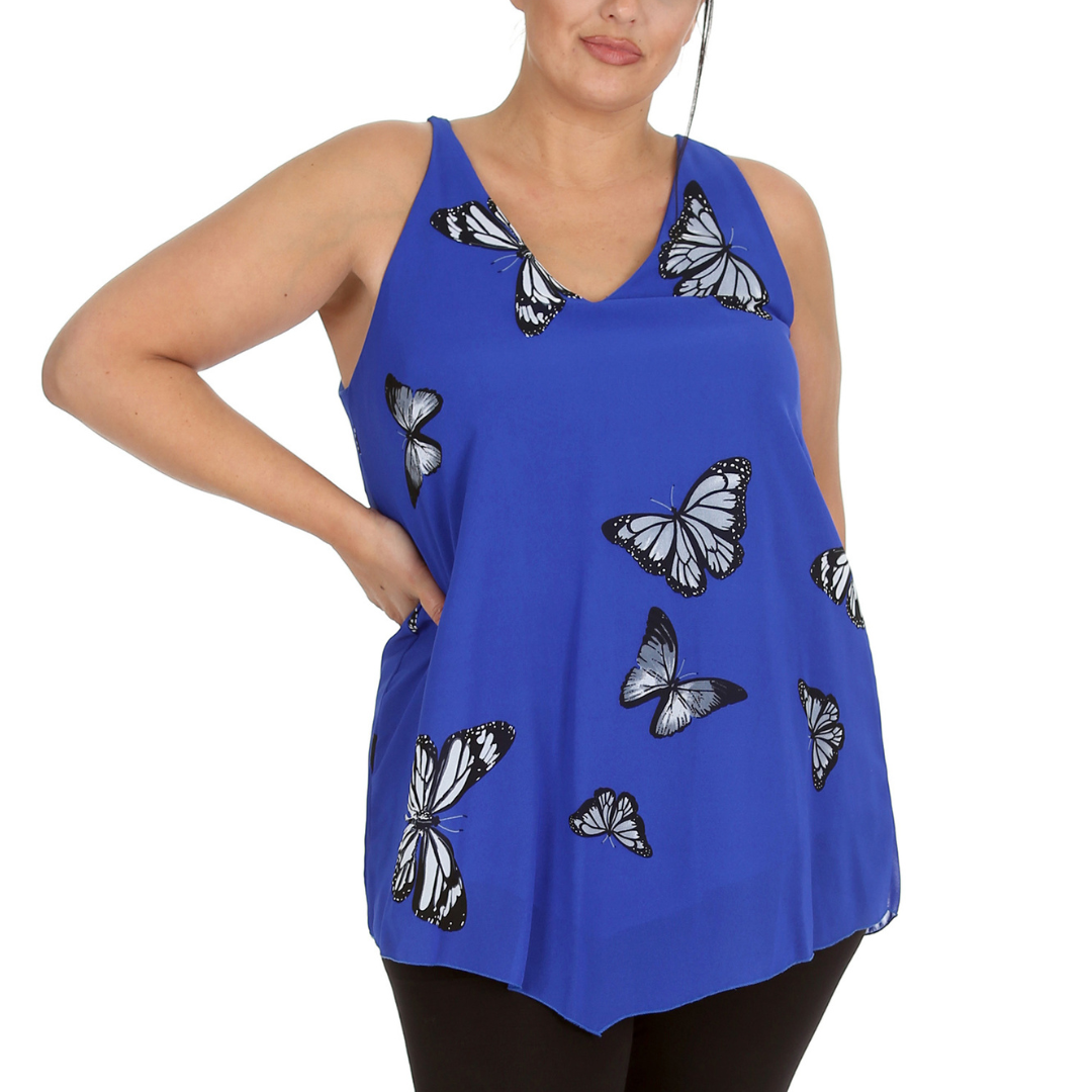 Nouvelle Womens Plus Size Ladies Butterfly Print Chiffon Dip Hem Camisole Vest - Picture 21 of 32