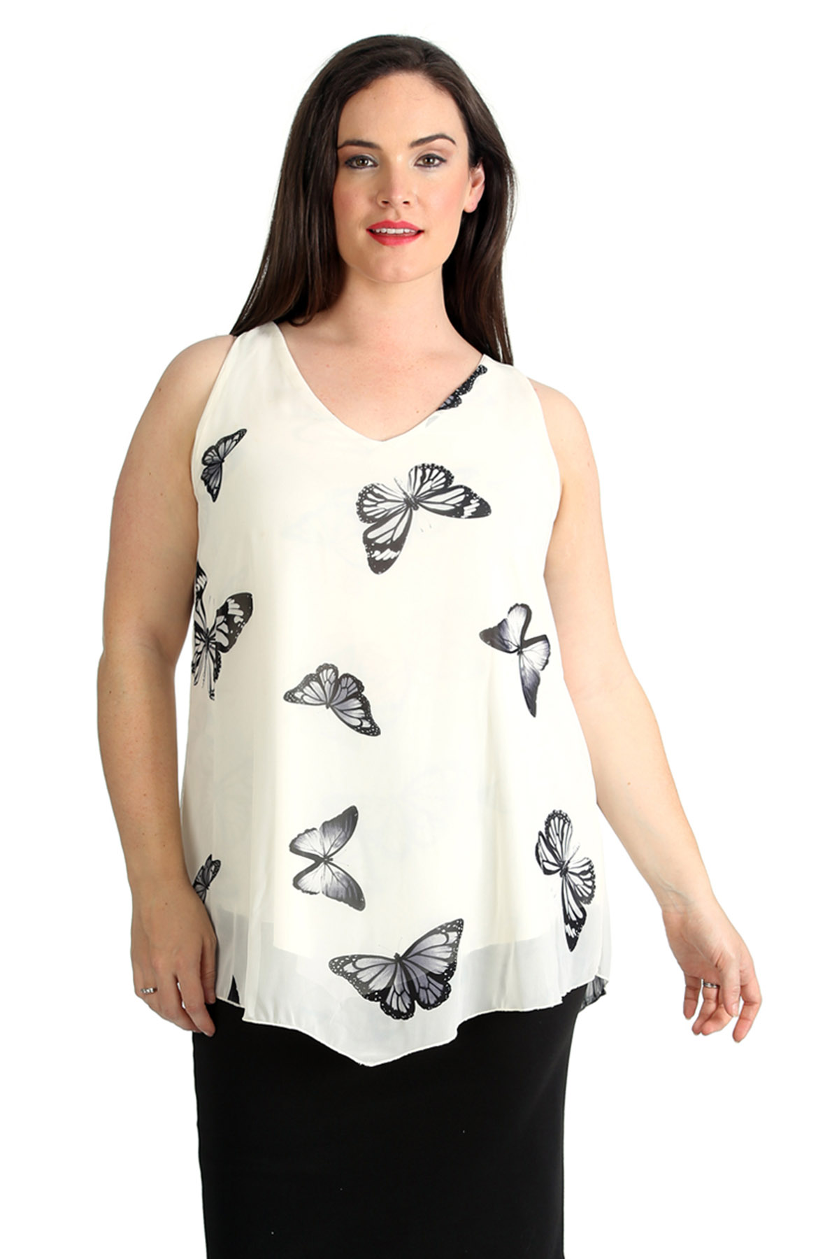Ladies Top Womens Butterfly Chiffon Dip Hem Layer Cami Vest Plus Size ...