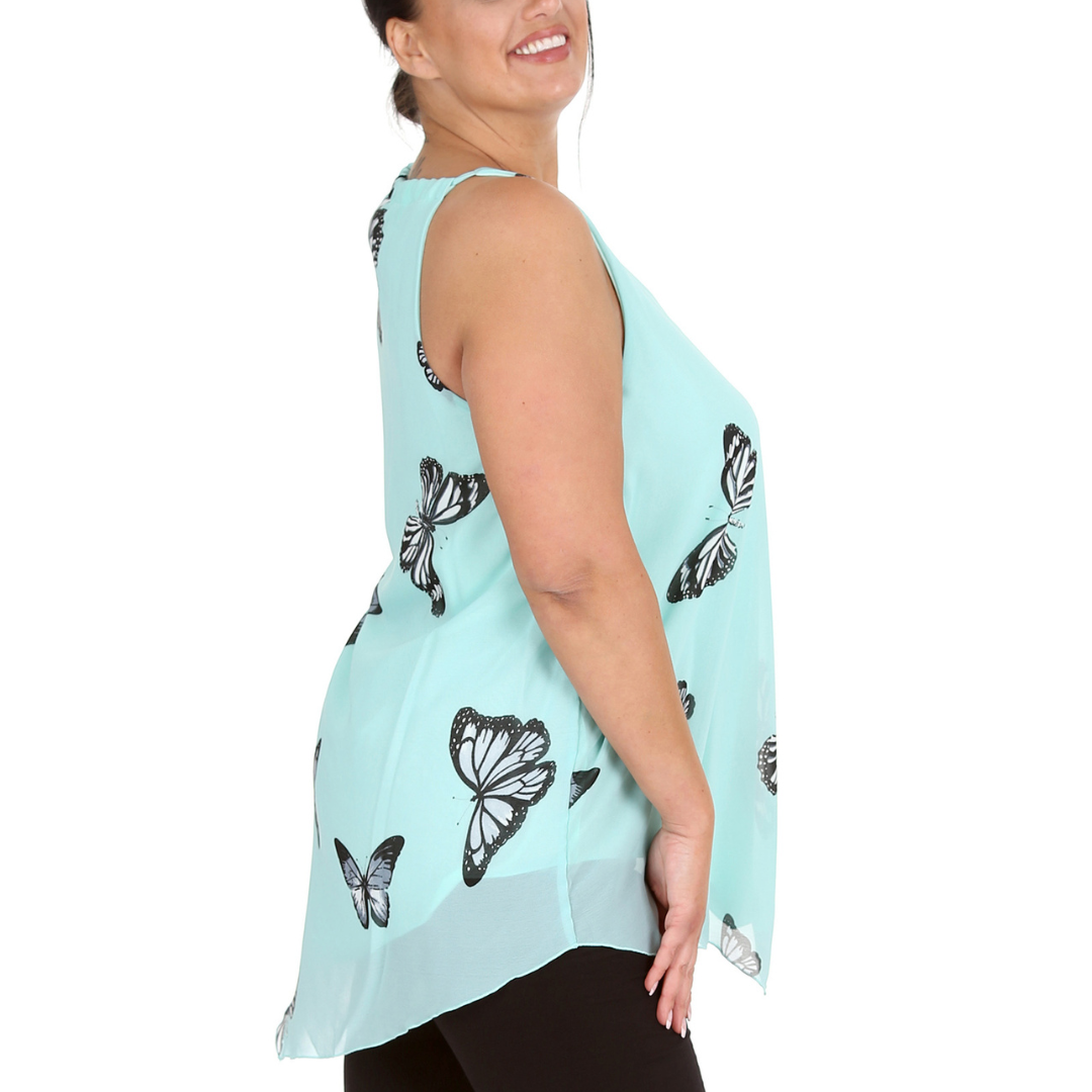 Nouvelle Womens Plus Size Ladies Butterfly Print Chiffon Dip Hem Camisole Vest - Picture 27 of 32