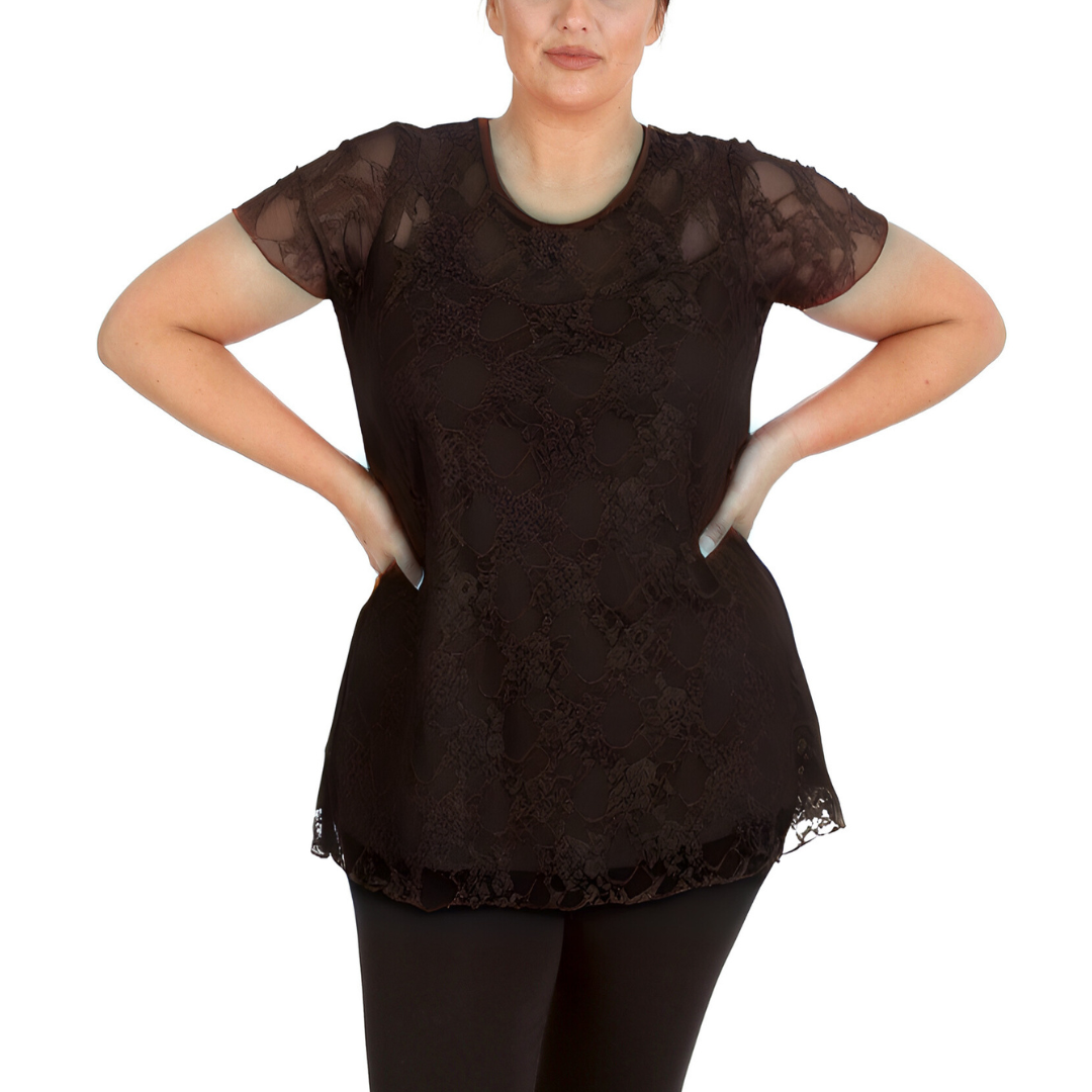 Nouvelle Womens Plus Size Elegant Floral Lace Peplum Top Round Neck Short Sleeve - Picture 3 of 21