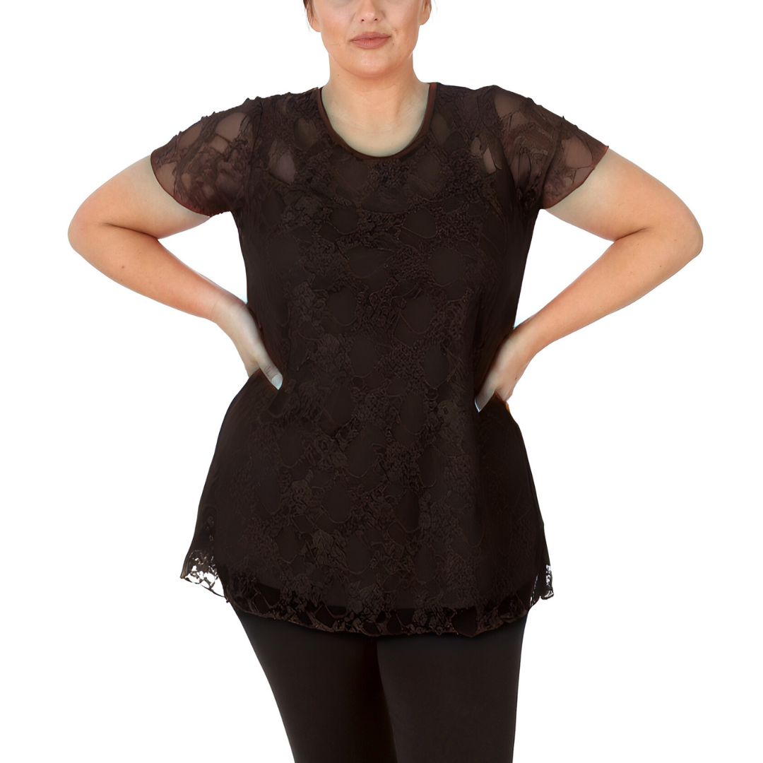 Nouvelle Womens Plus Size Elegant Floral Lace Peplum Top Round Neck Short Sleeve - Picture 2 of 21