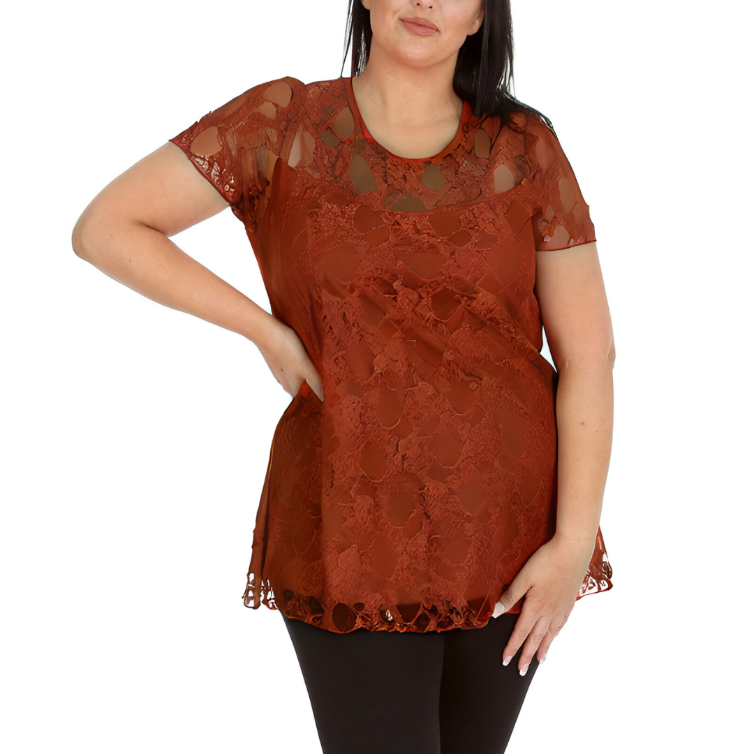 Nouvelle Womens Plus Size Elegant Floral Lace Peplum Top Round Neck Short Sleeve - Picture 7 of 21