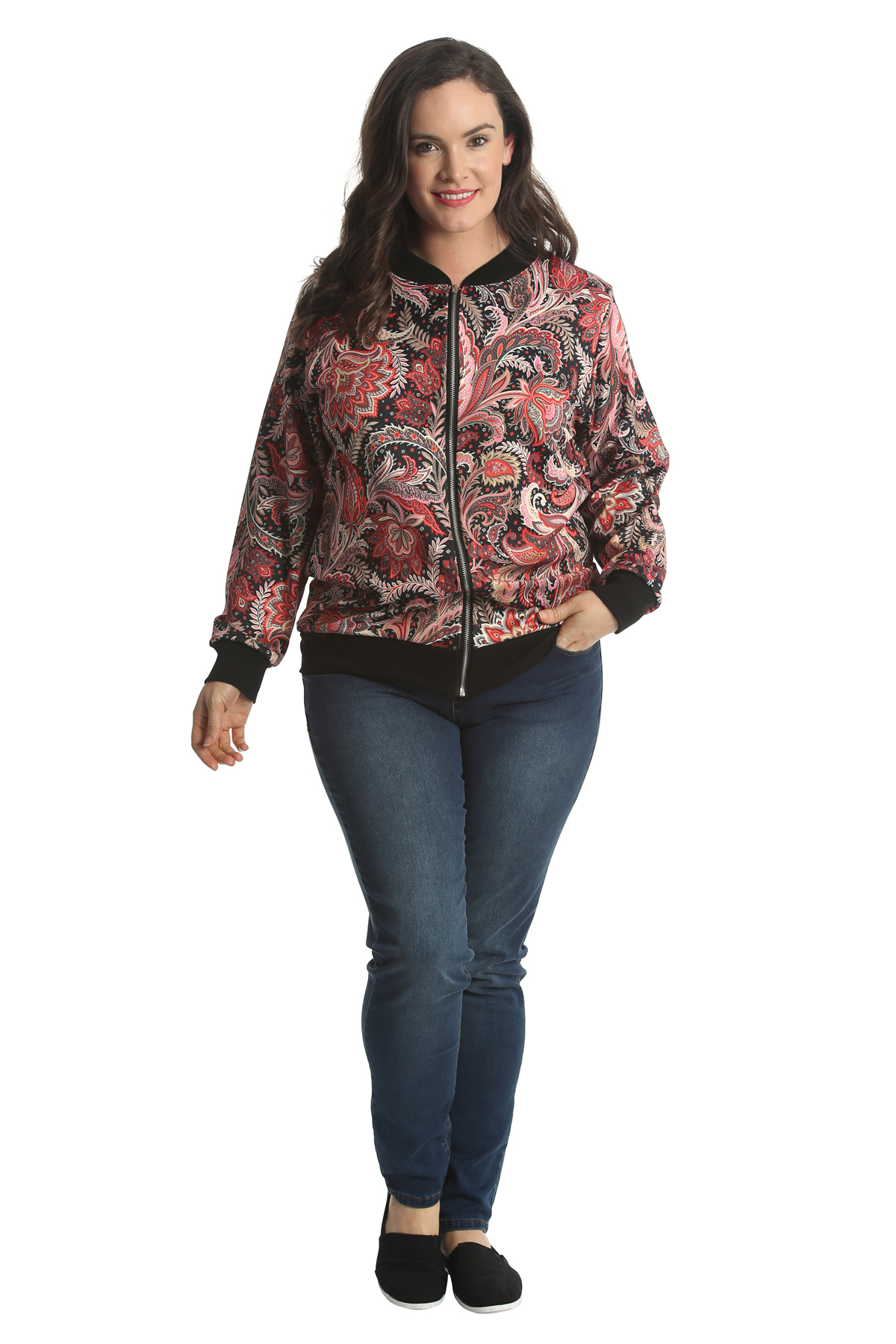 New Ladies Plus Size Bomber Jacket Womens Paisley Floral Print Ribbed ...