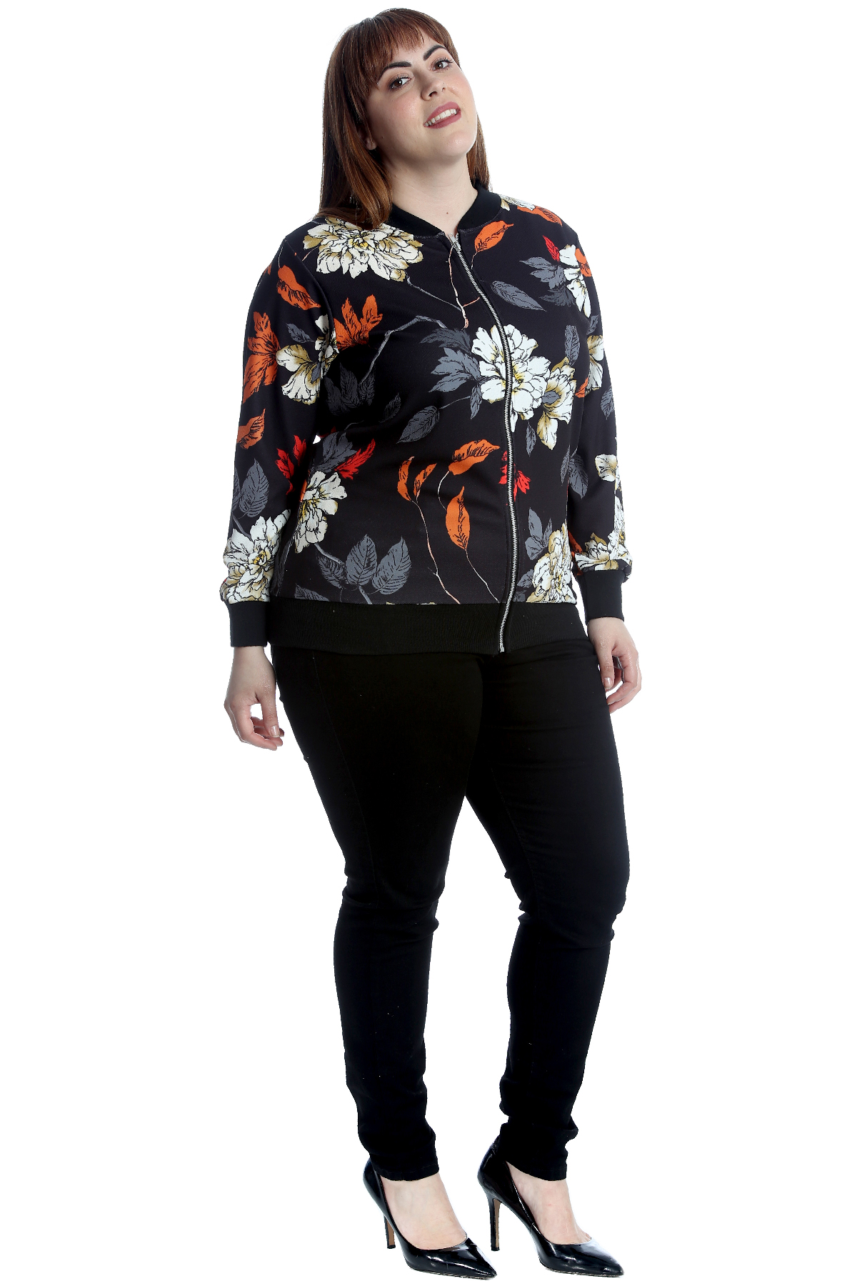 New Ladies Plus Size Bomber Jacket Womens Floral Print Ribbed Crepe Fabric Sale