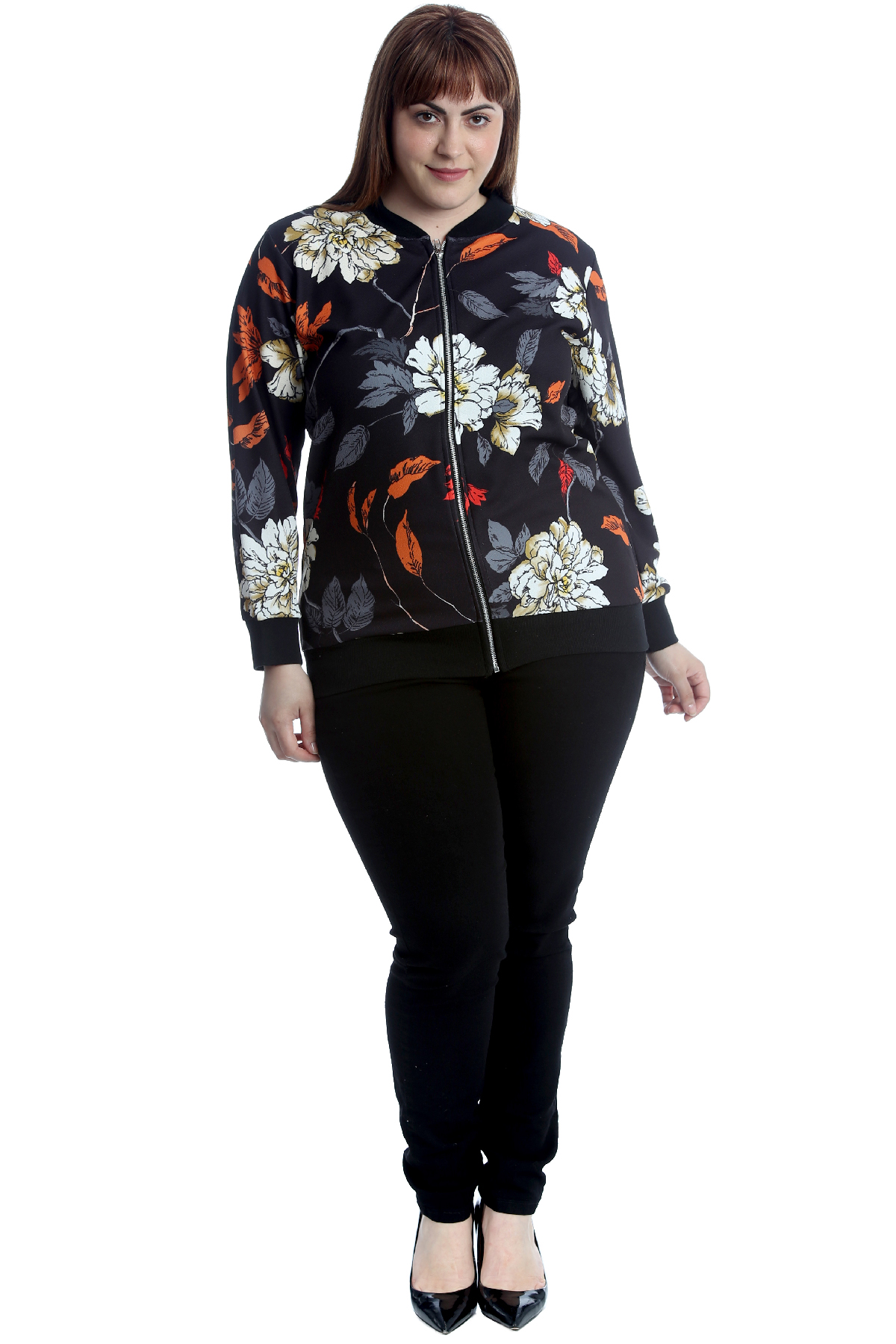 New Ladies Plus Size Bomber Jacket Womens Floral Print Ribbed Crepe Fabric Sale