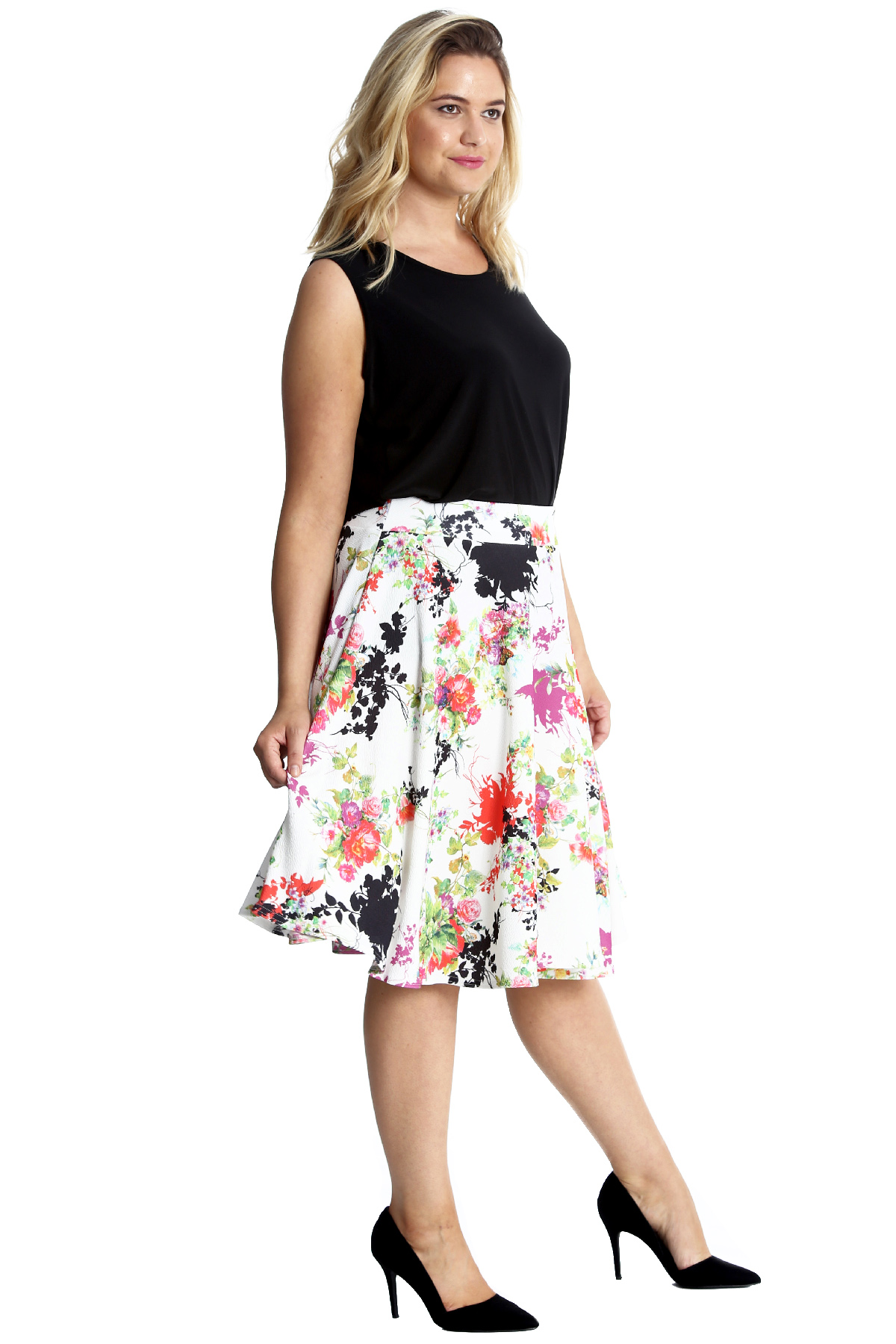 New Ladies Skirts Plus Size Womens Floral Print Skater Knee Long Crepe ...