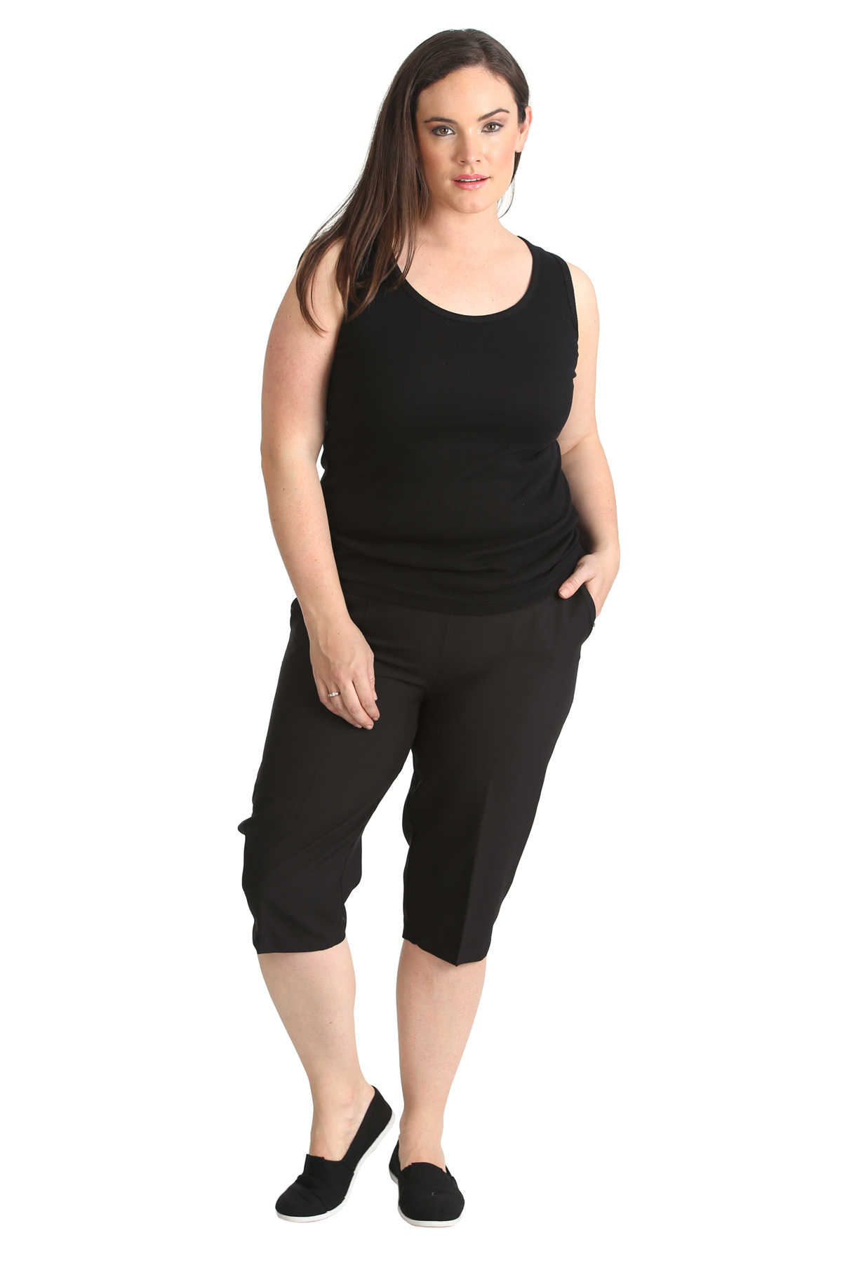 New Womens Plus Size Pants Ladies Cropped Trousers Elasticated Waist