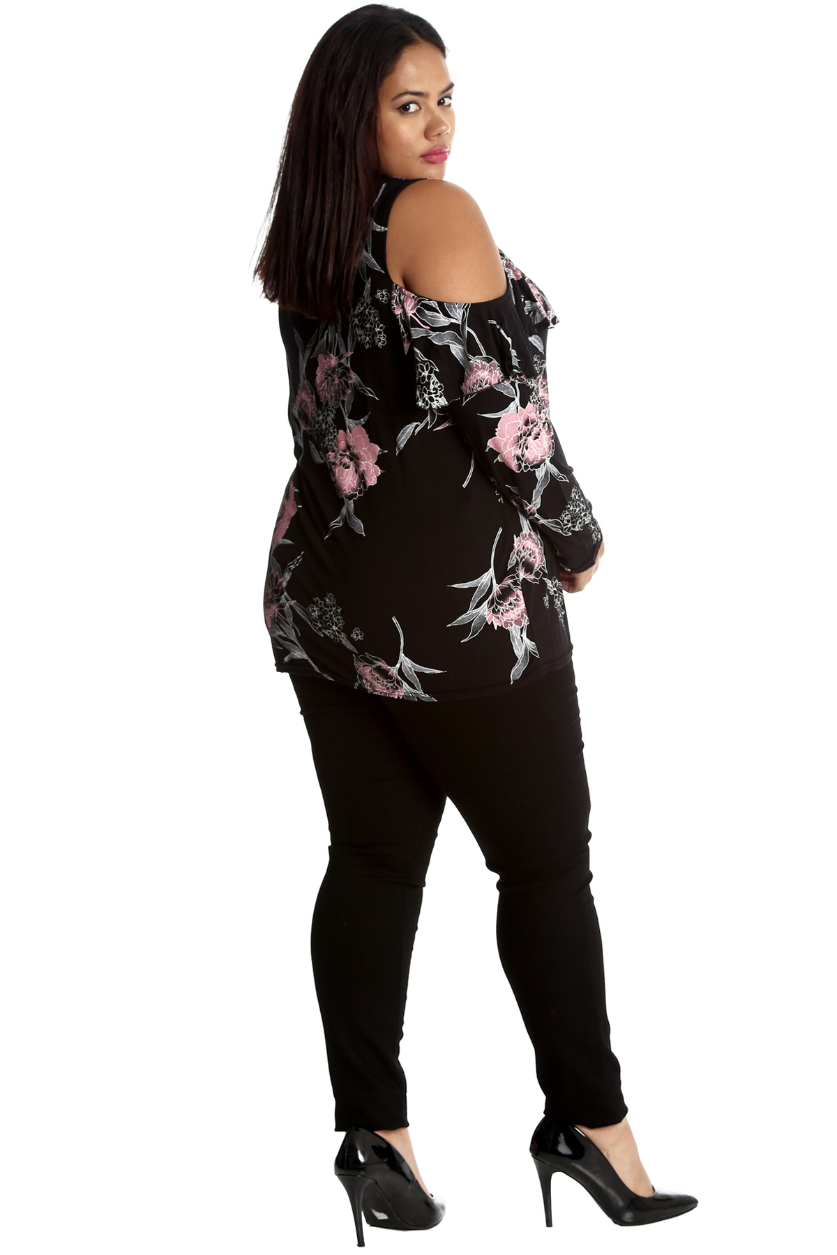 New Ladies Top Plus Size Womens Floral Cold Shoulder Frill Neck Tunic ...