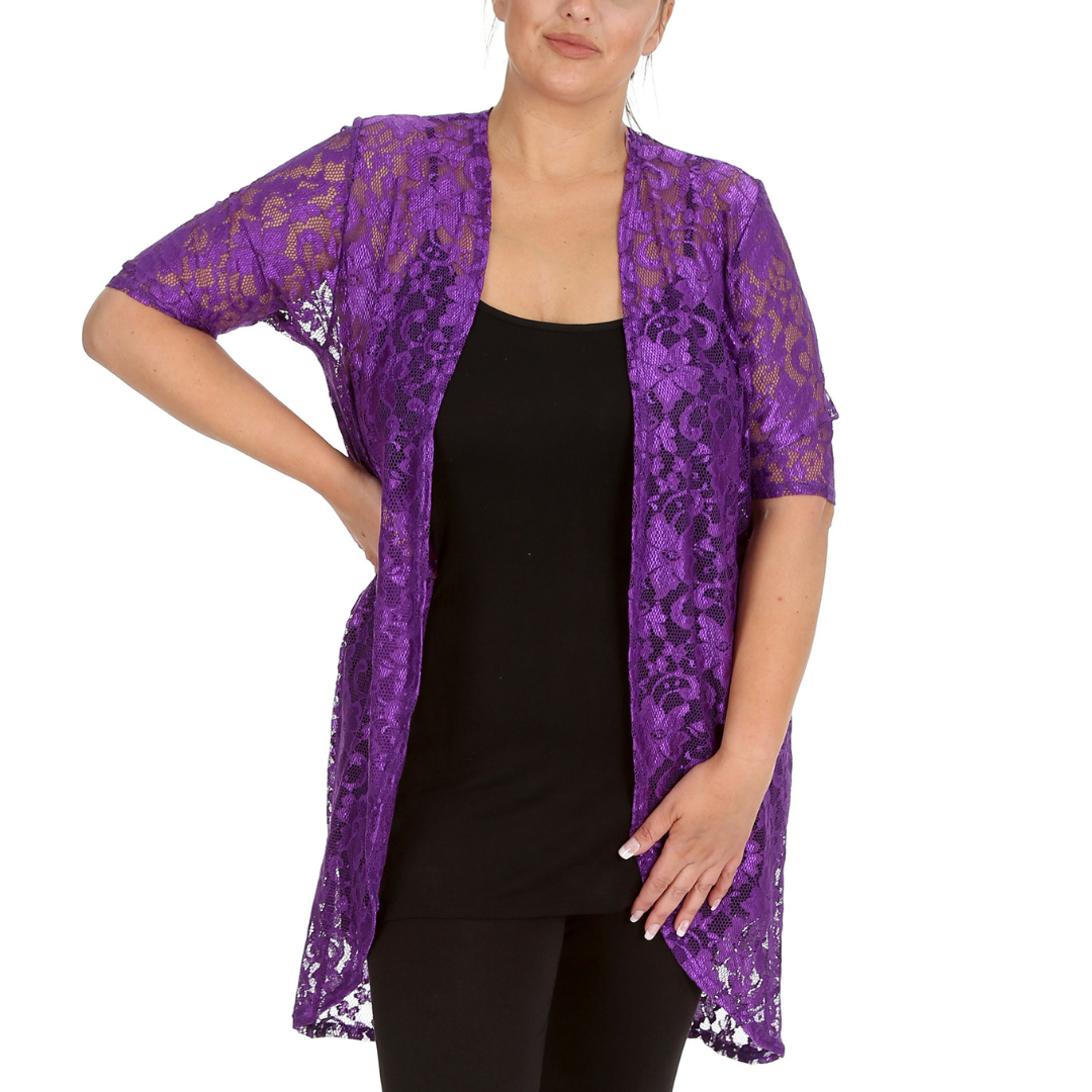 Nouvelle Plus Size Women Floral Lace & Scallop Edge Kimono Cardigan Open Front