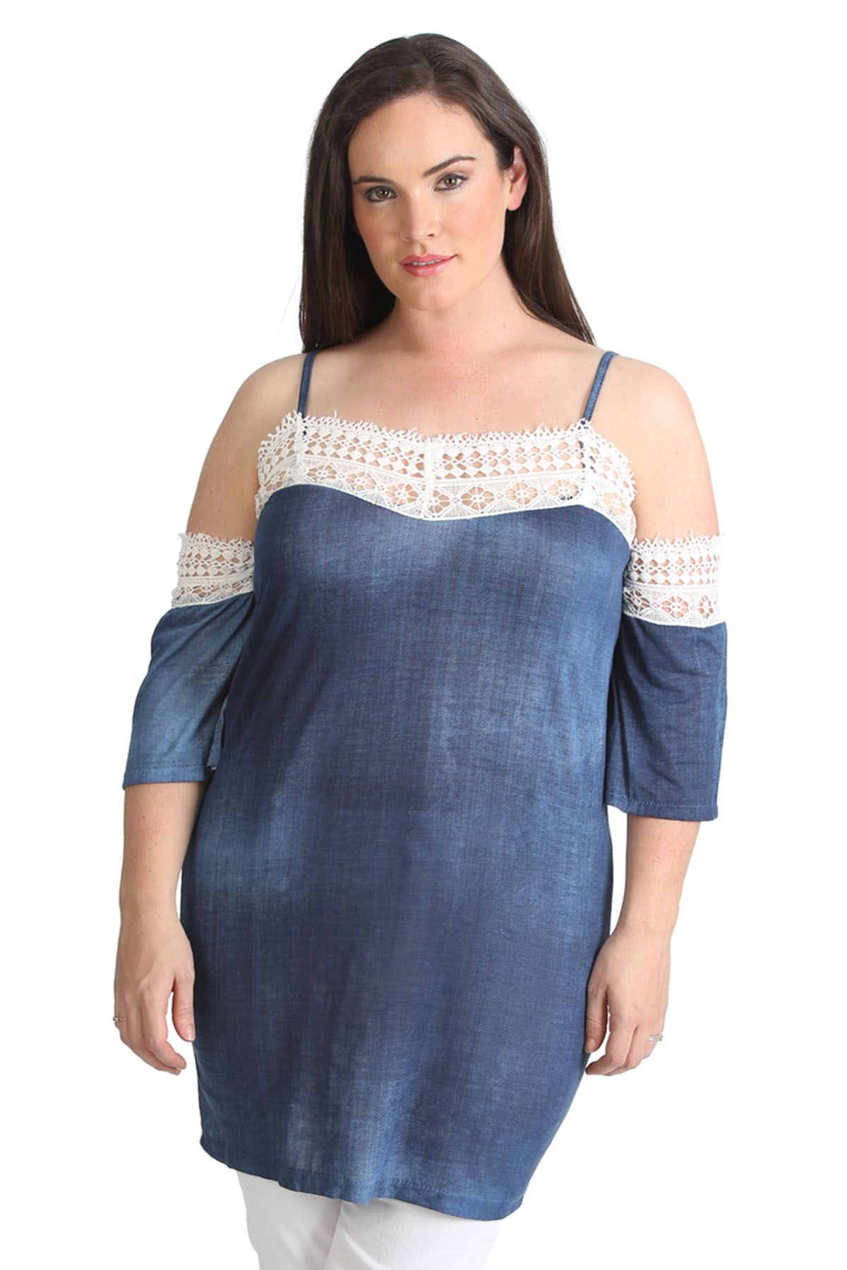 New Ladies Top Womens Crochet Lace Neck Cold Shoulder Denim Plus Size ...