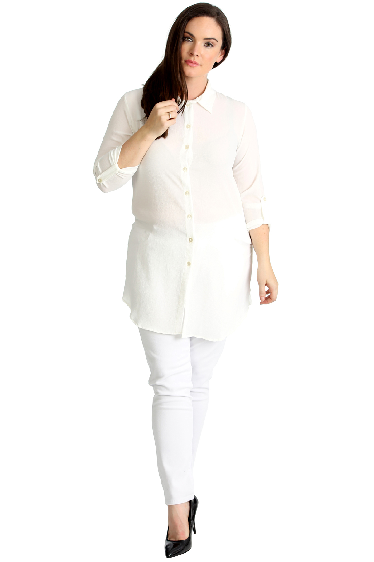 New Womens Plus Size Shirt Ladies Side Slit Plain Top Plain Collared