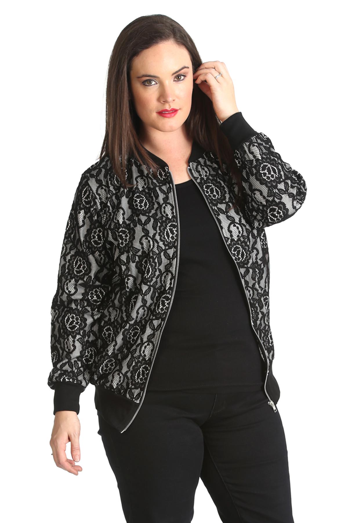New Ladies Bomber Jacket Womens Floral Lace Ribbed Style Plus Size ...