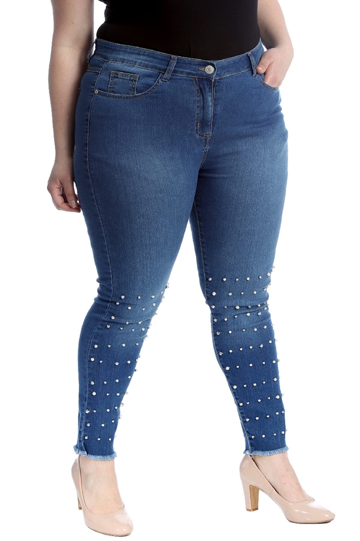 New Womens Jeans Plus Size Ladies Pearls Trousers Straight Leg Bottoms