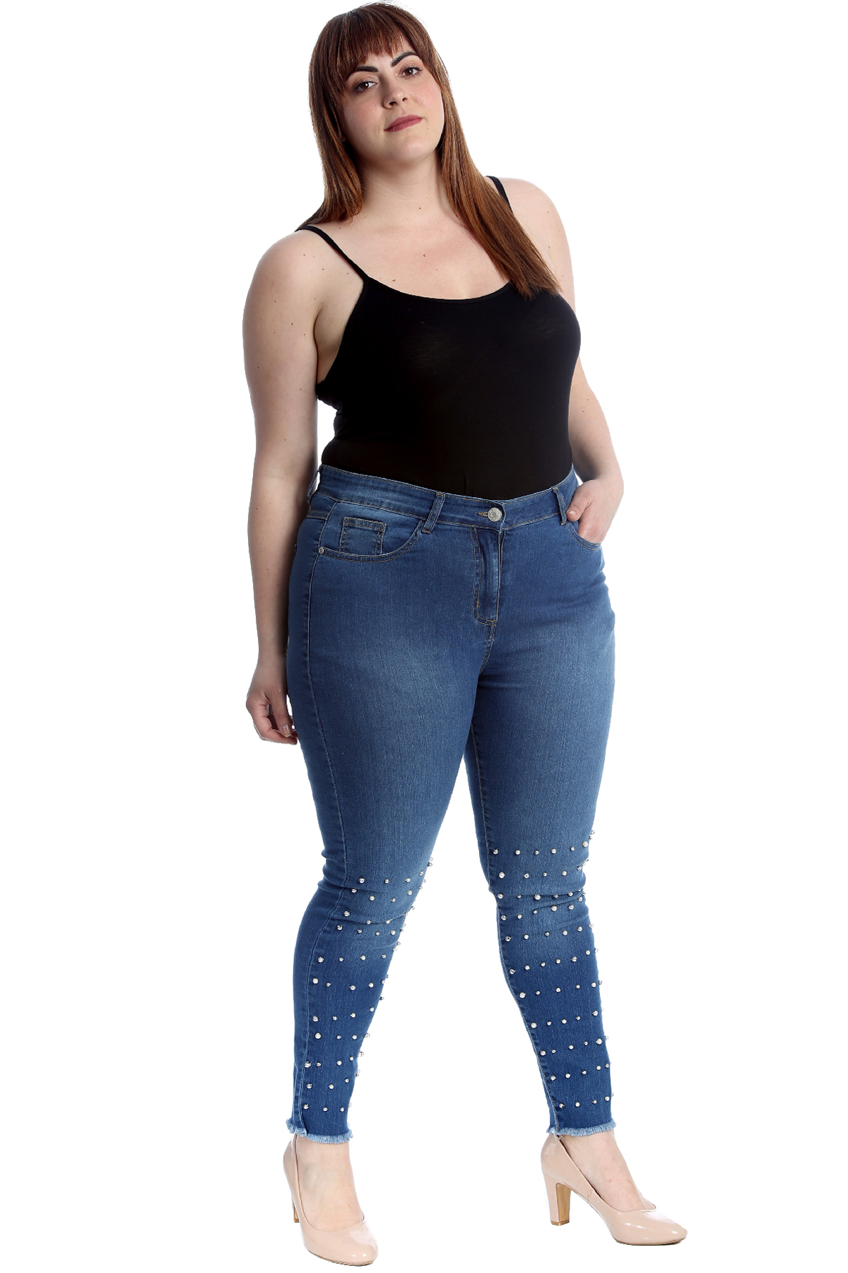 New Womens Jeans Plus Size Ladies Pearls Trousers Straight Leg Bottoms 