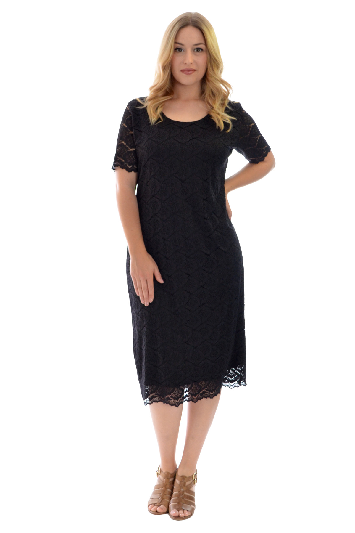 New Womens Plus Size Dress Ladies Midi Tunic Floral Lace Short Sleeves ...