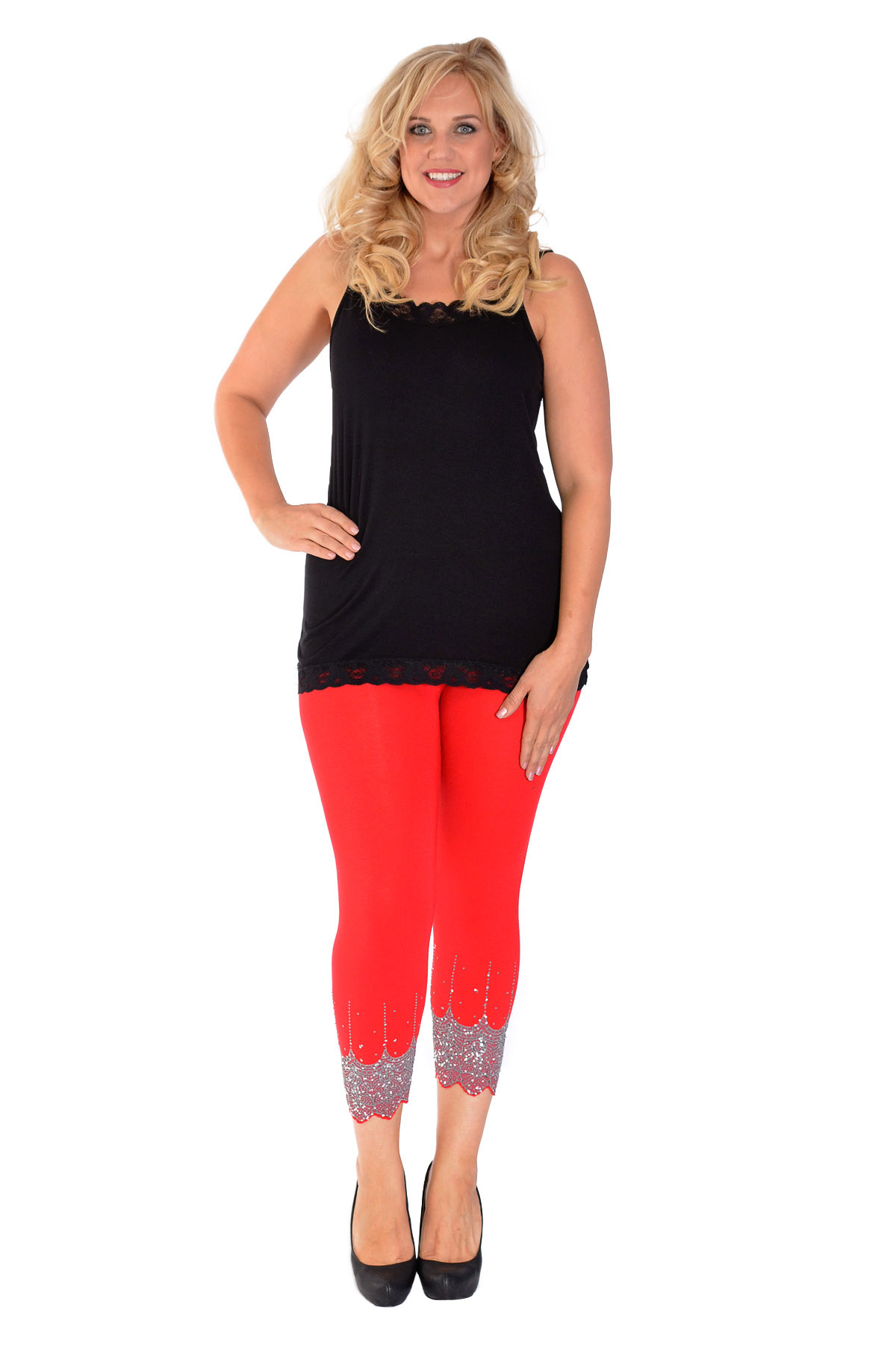 New Womens Plus Size Leggings Sequin Cropped Scallop Cut