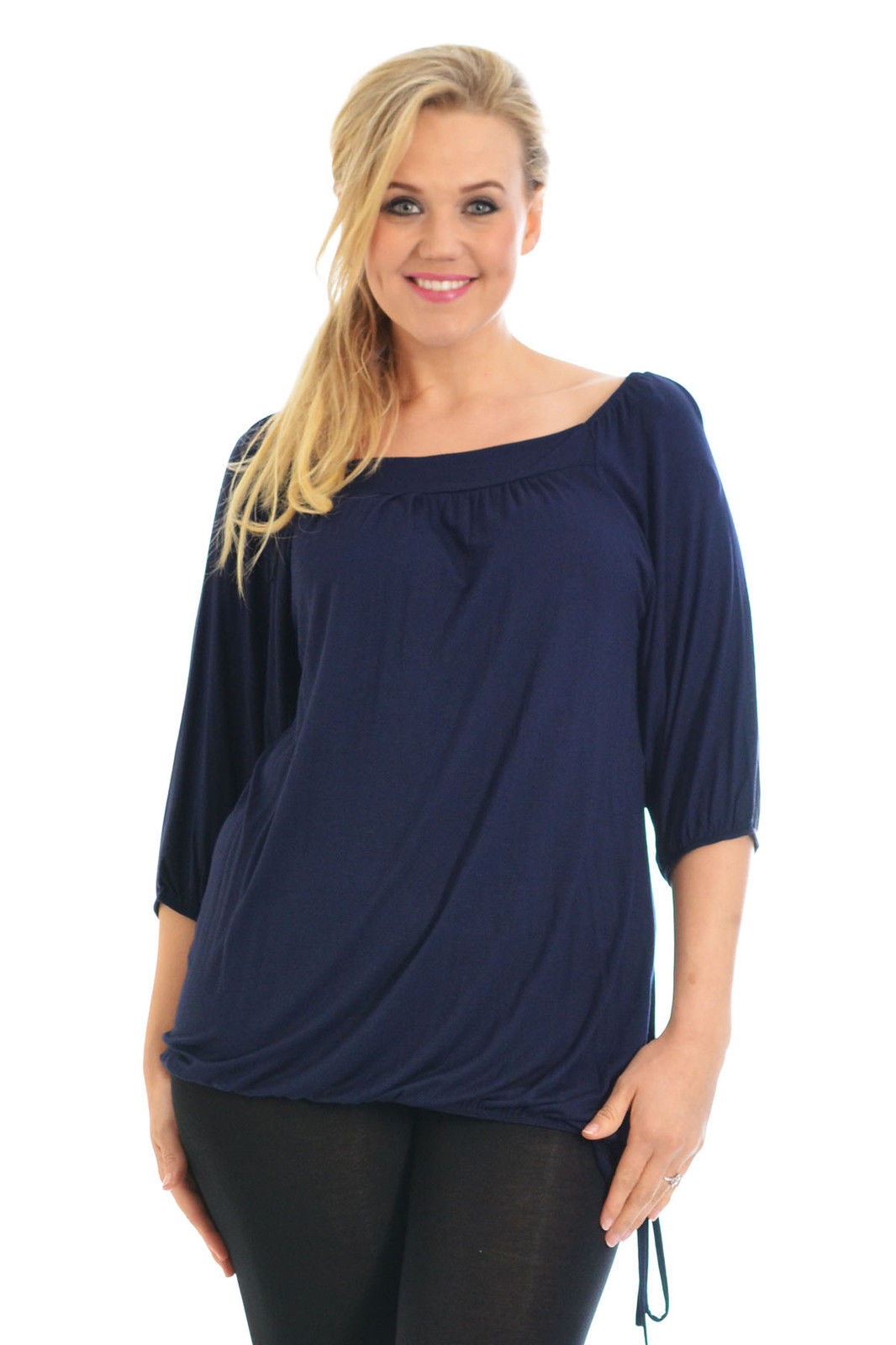 New Womens Top Plus Size Ladies Square Neck 3-4 Gathers Sleeves Tunic ...