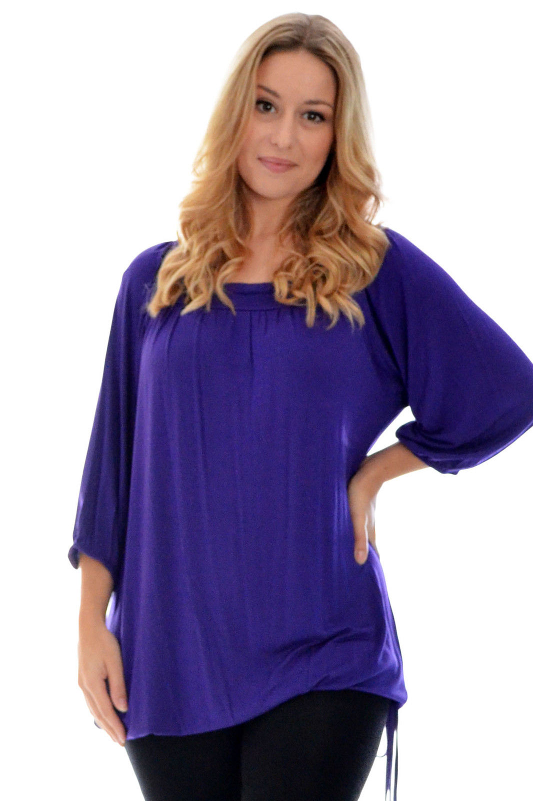 New Womens Top Plus Size Ladies Square Neck 3-4 Gathers Sleeves Tunic ...