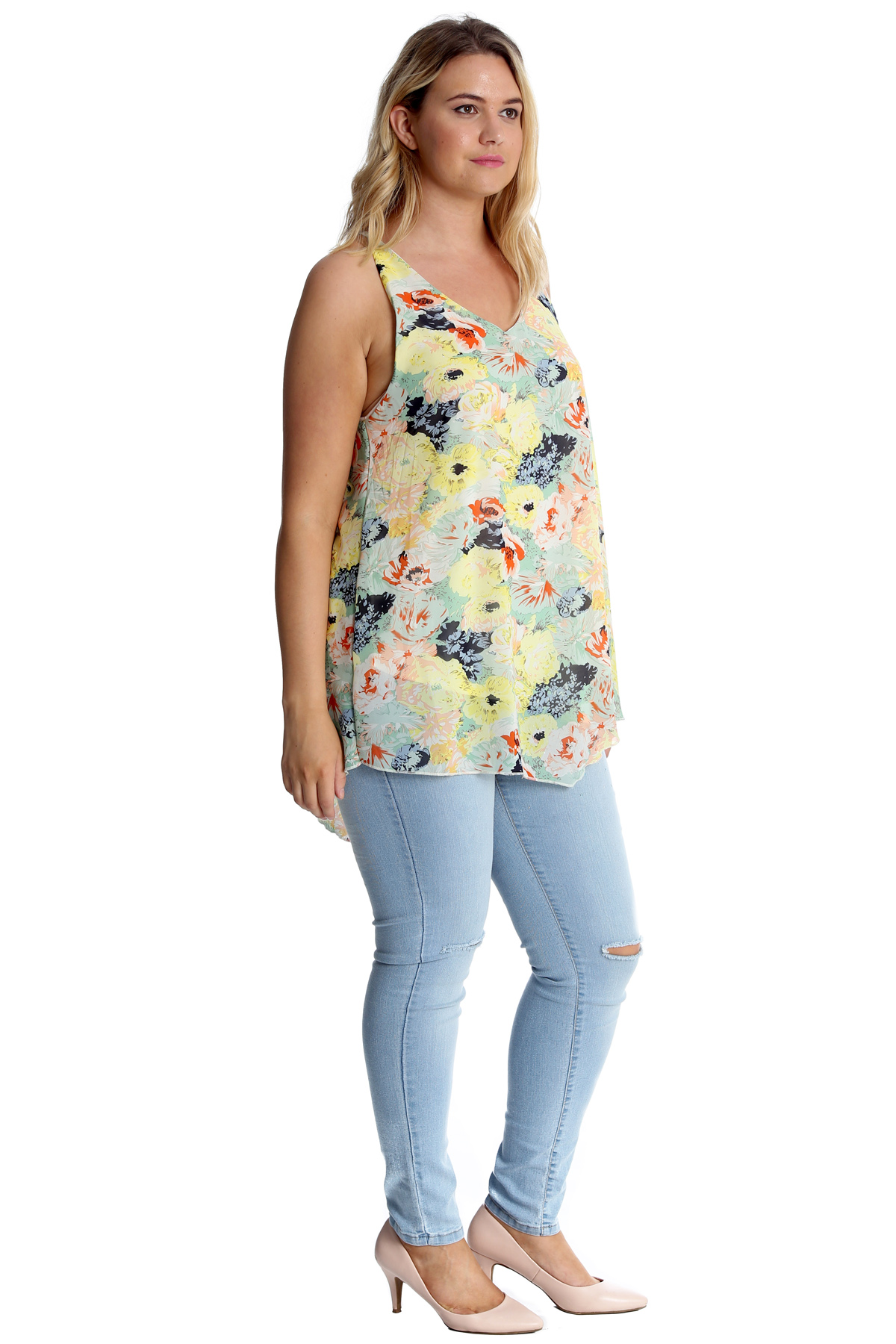 New Ladies Plus Size Top Womens Chiffon Camisole Floral Print Hanky Hem