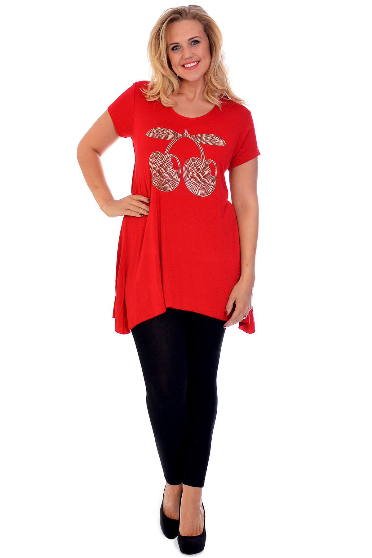 New Ladies Plus Size Top Cherry Stud Womens T-Shirt Flared A-Line Tunic ...