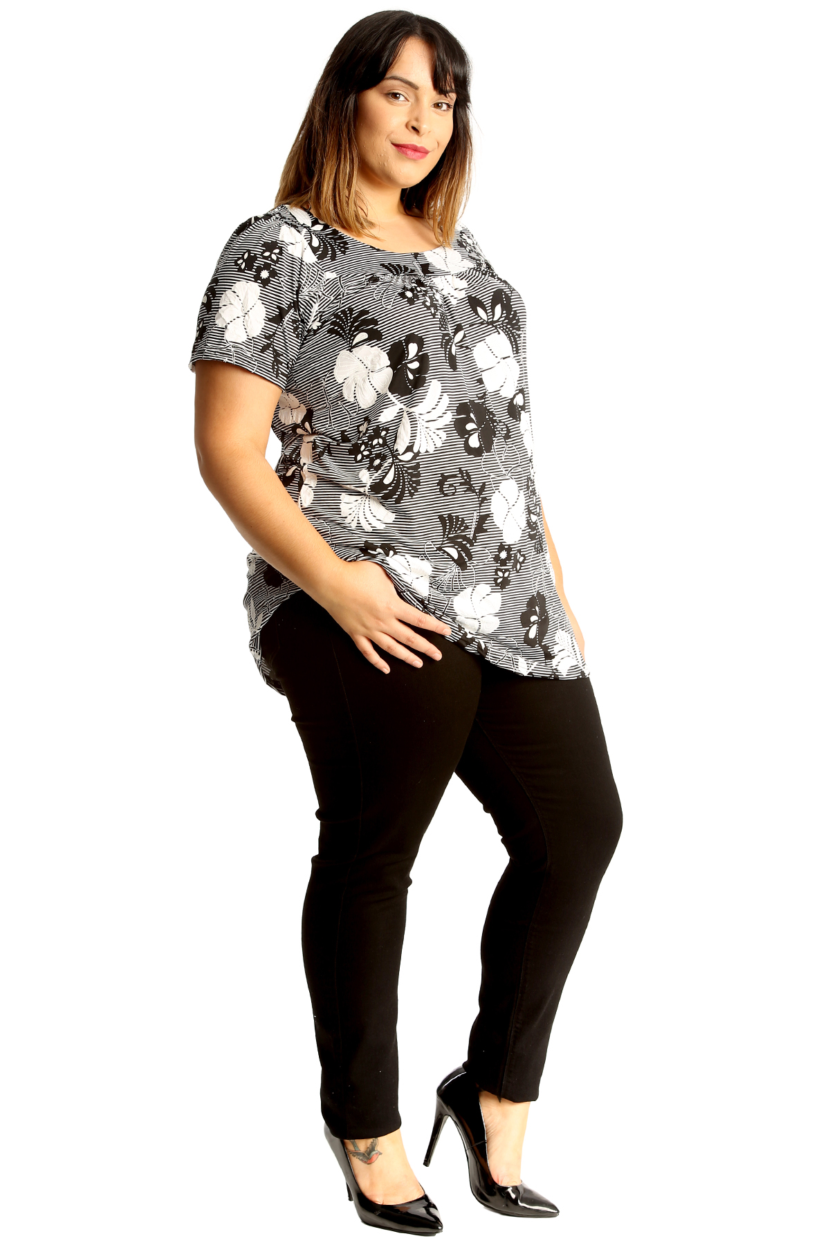 New Womens Plus Size Smock Top Ladies Monochrome Floral Print Tunic Blouse Round