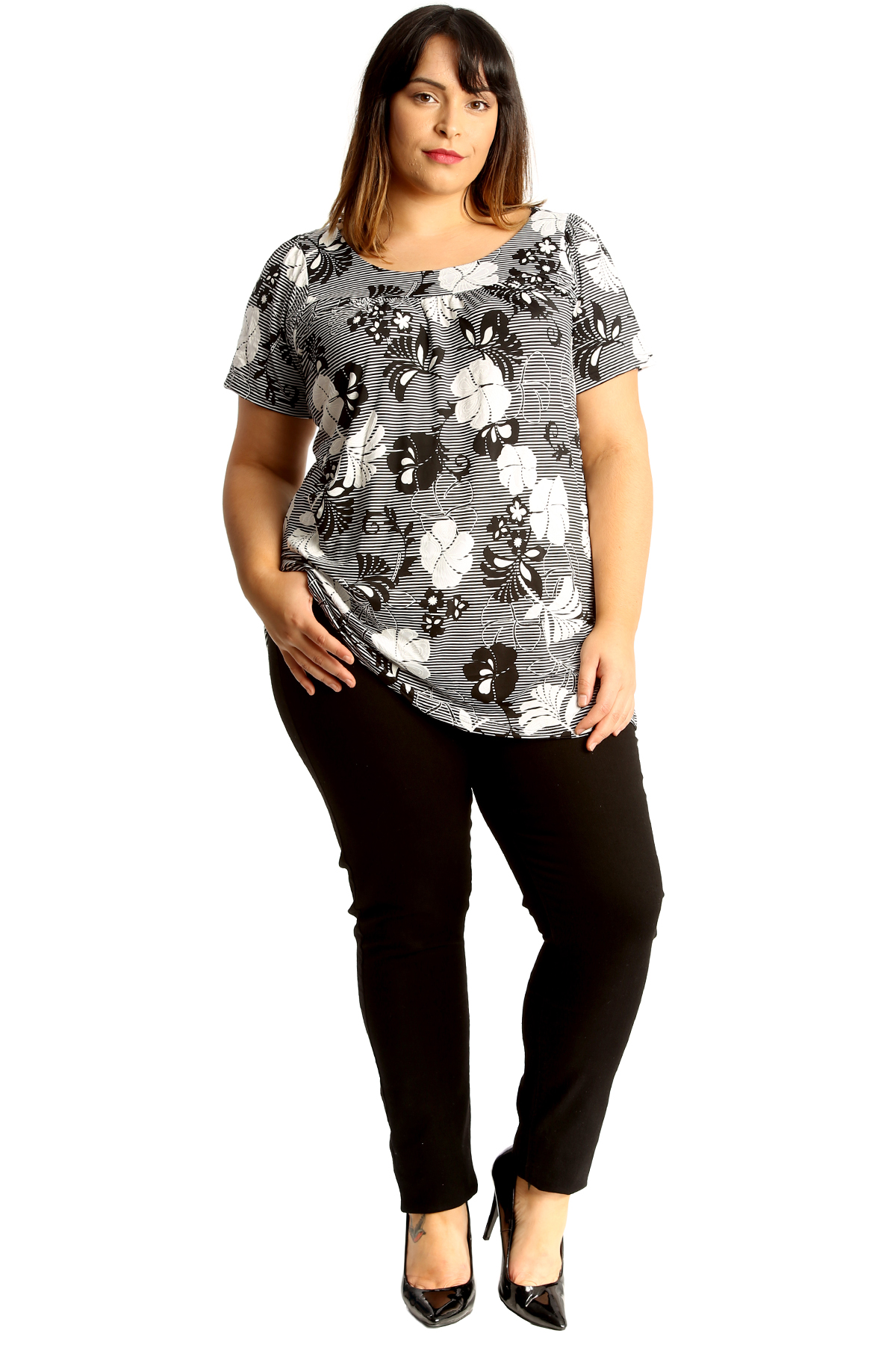 New Womens Plus Size Smock Top Ladies Monochrome Floral Print Tunic Blouse Round