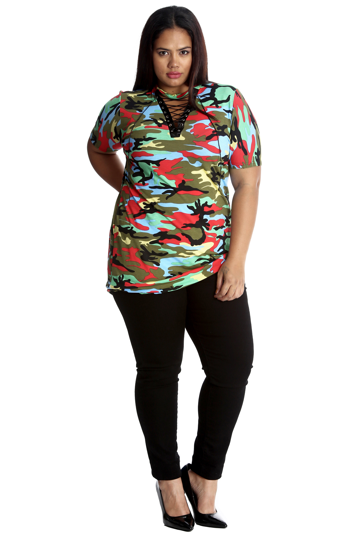 New Womens Top Plus Size Ladies Camouflage Army Print V Neck Drawstring ...