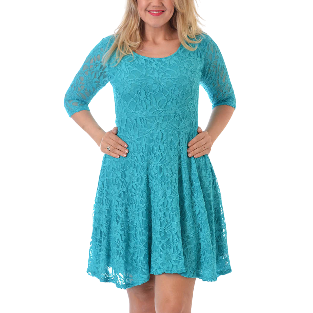Nouvelle Women Plus Size Floral Lace 3/4 Sleeves Skater Dress Mid Length Ladies - Picture 16 of 68