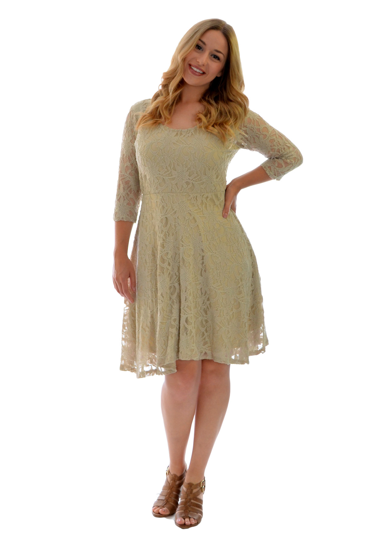 Nouvelle Women Plus Size Floral Lace 3/4 Sleeves Skater Dress Mid Length Ladies - Picture 18 of 68