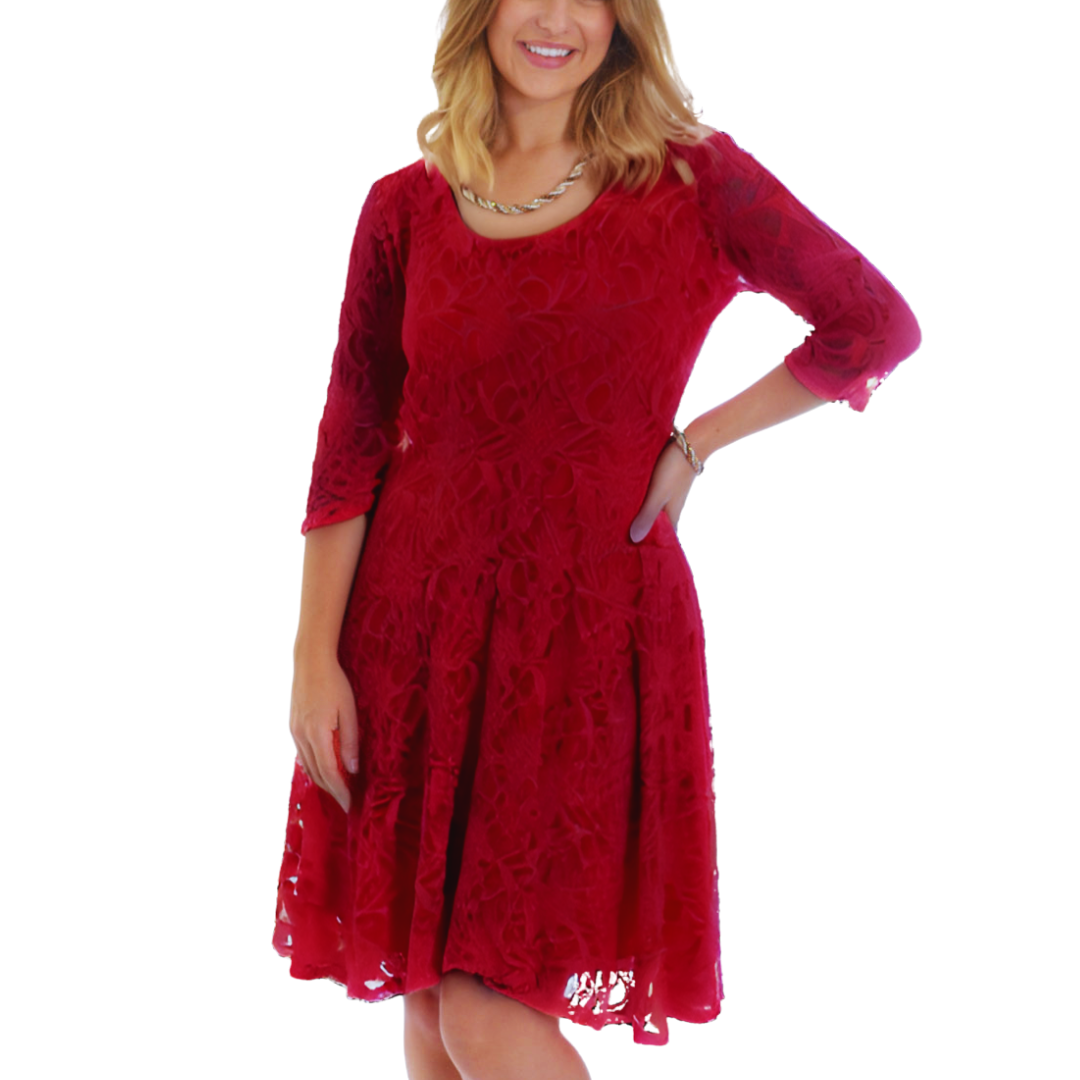 Nouvelle Women Plus Size Floral Lace 3/4 Sleeves Skater Dress Mid Length Ladies - Picture 38 of 68