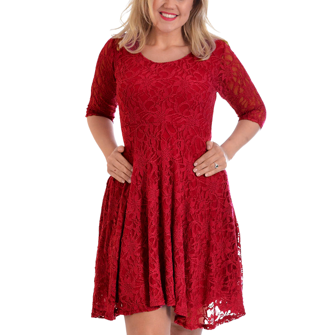 Nouvelle Women Plus Size Floral Lace 3/4 Sleeves Skater Dress Mid Length Ladies - Picture 35 of 68