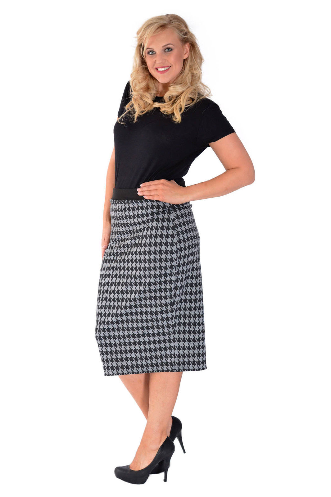 Womens New Ladies Plus Size Dogtooth Pencil Skirt Bodycon Elastic Waist Nouvelle