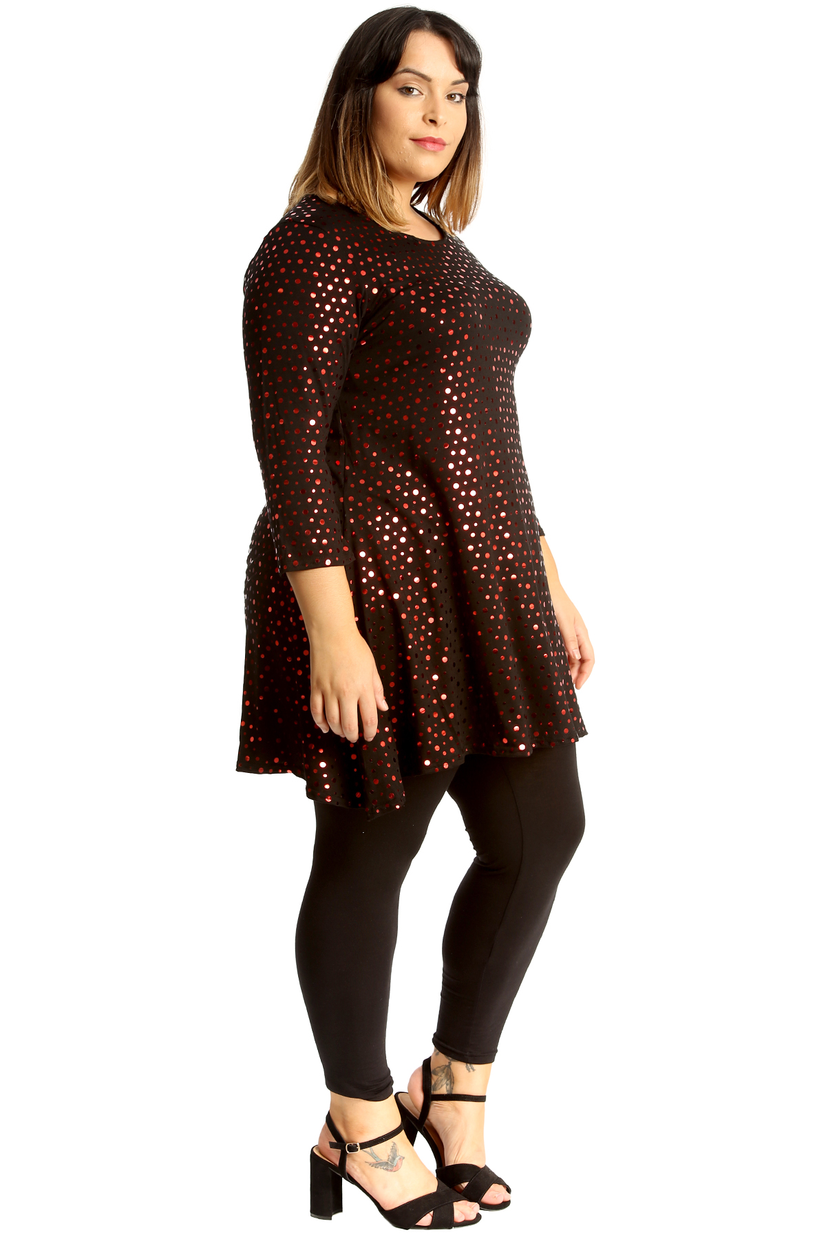 New Womens Plus Size Top Ladies Dot Foil Swing Style Skater Tunic Party Wear